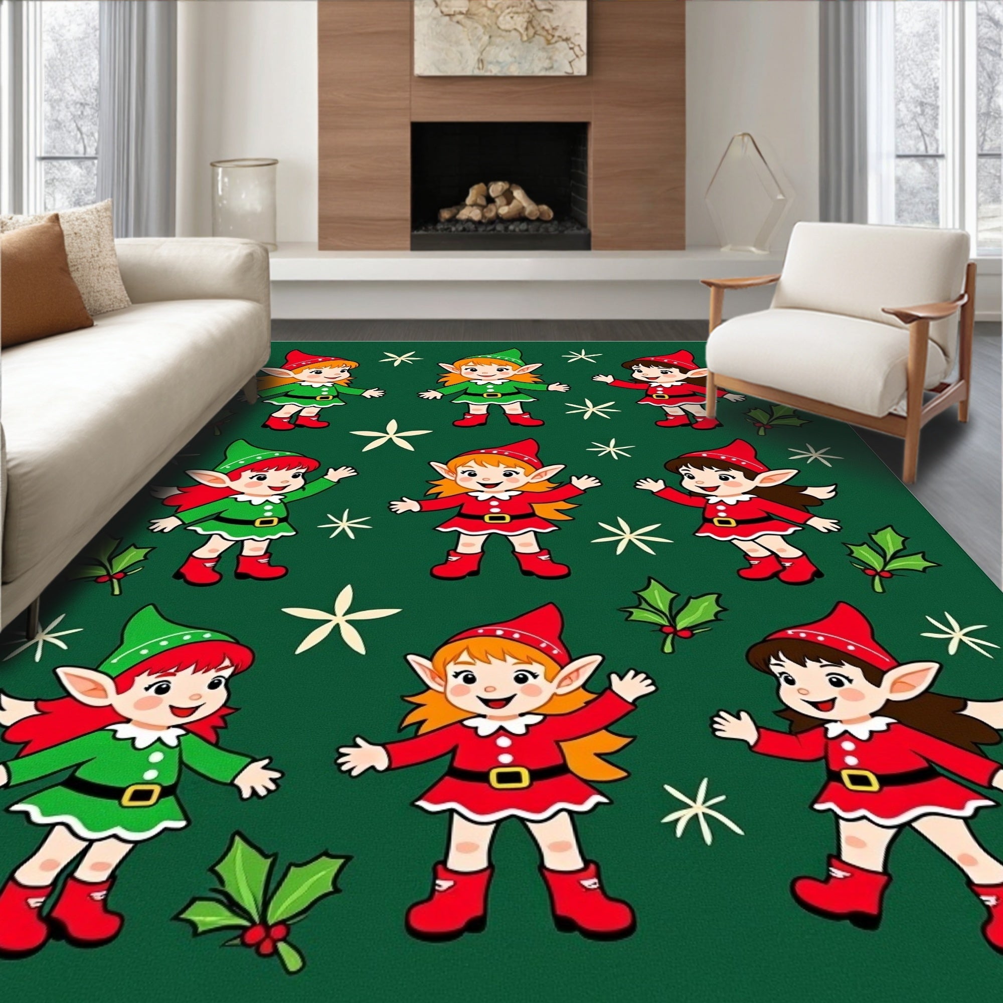 Happy Elves Green Holiday Medley Rug
