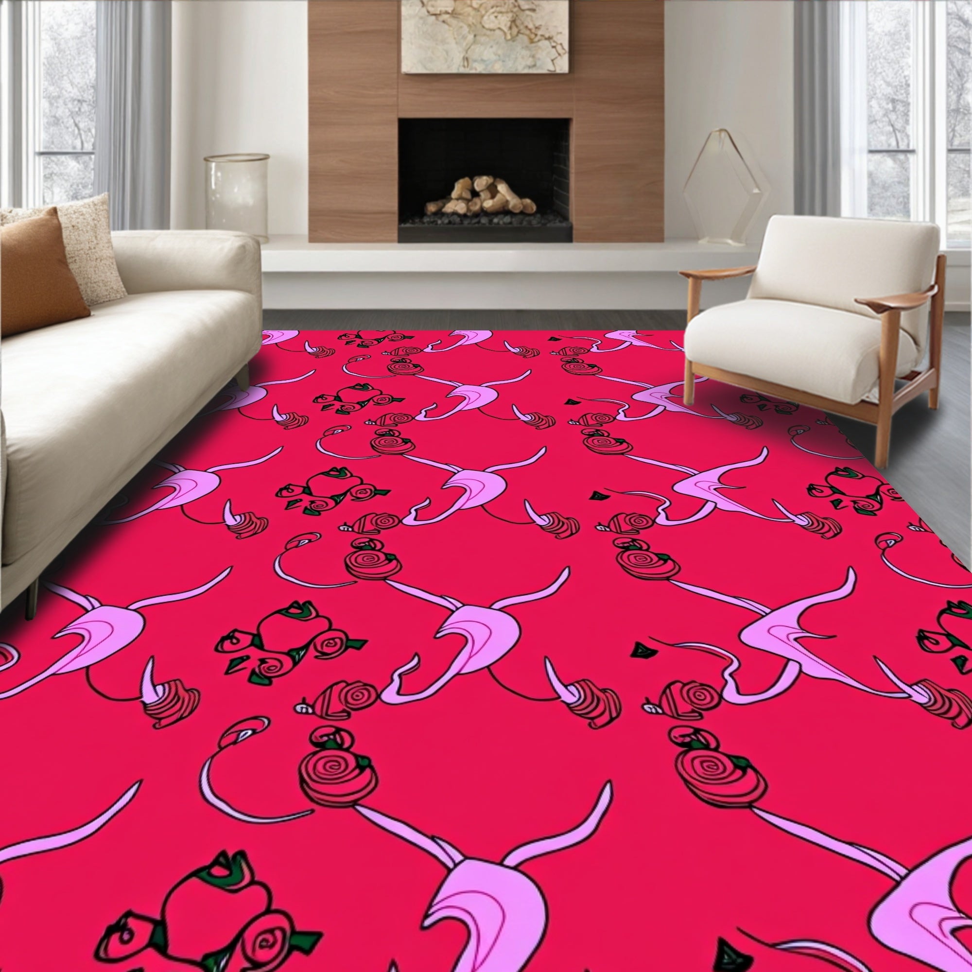 Crimson Pink Floral Ribbon Swirl Rug