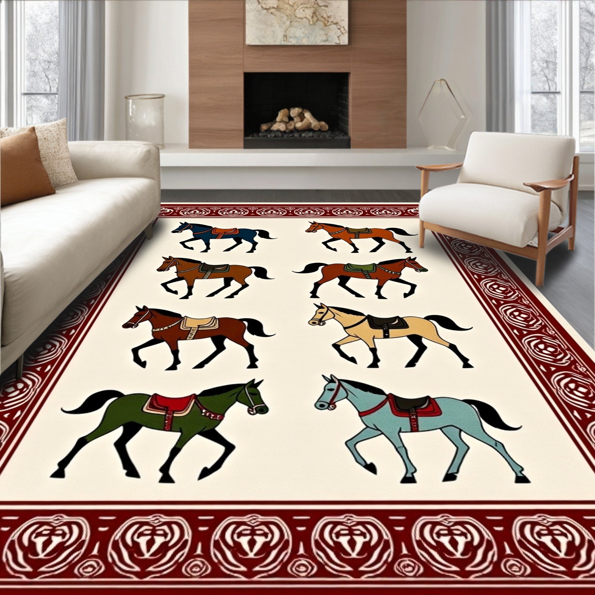 Eight Horse Panel Red Border Rug
