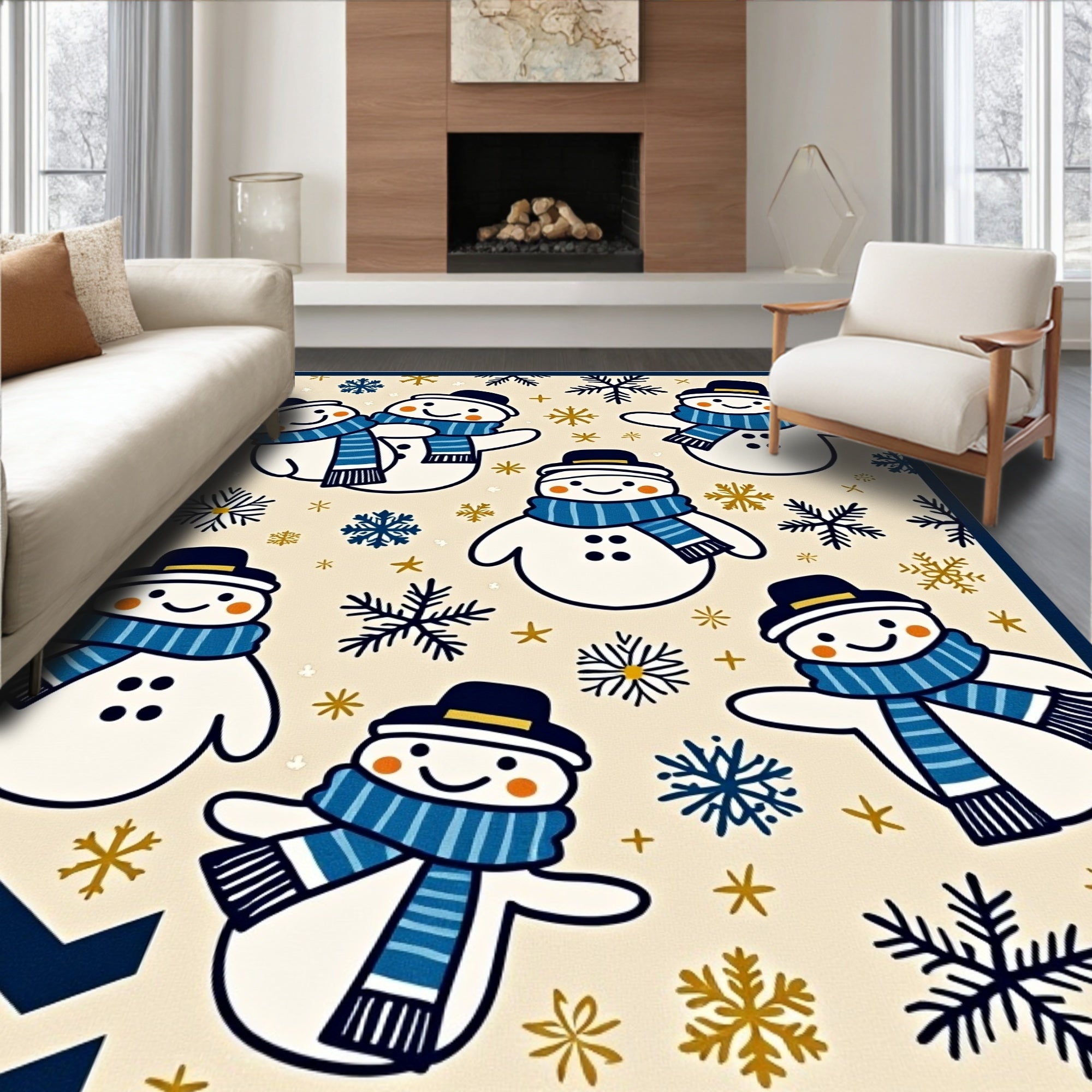 Friendly Snowman Blue Scarf Snowflake Ensemble Rug