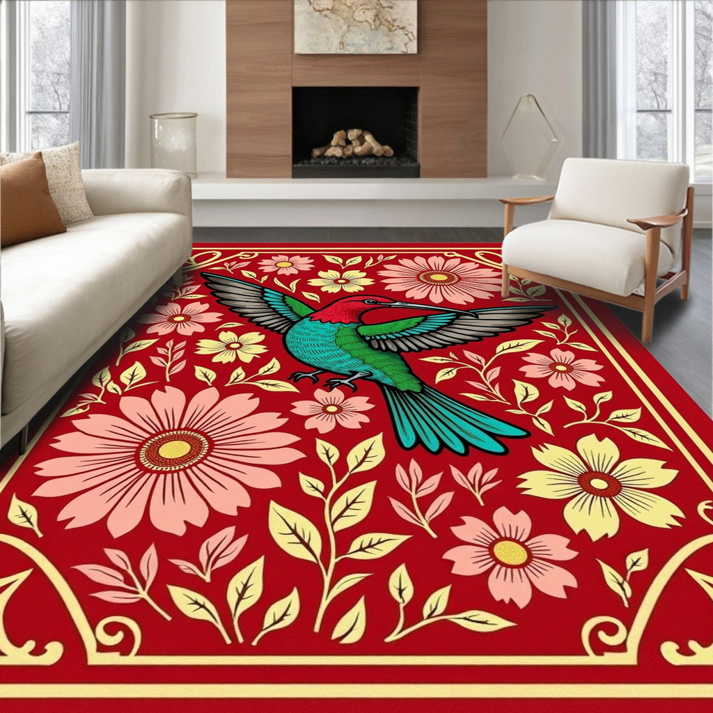 Whimsical Red Hummingbird Floral Border Rug