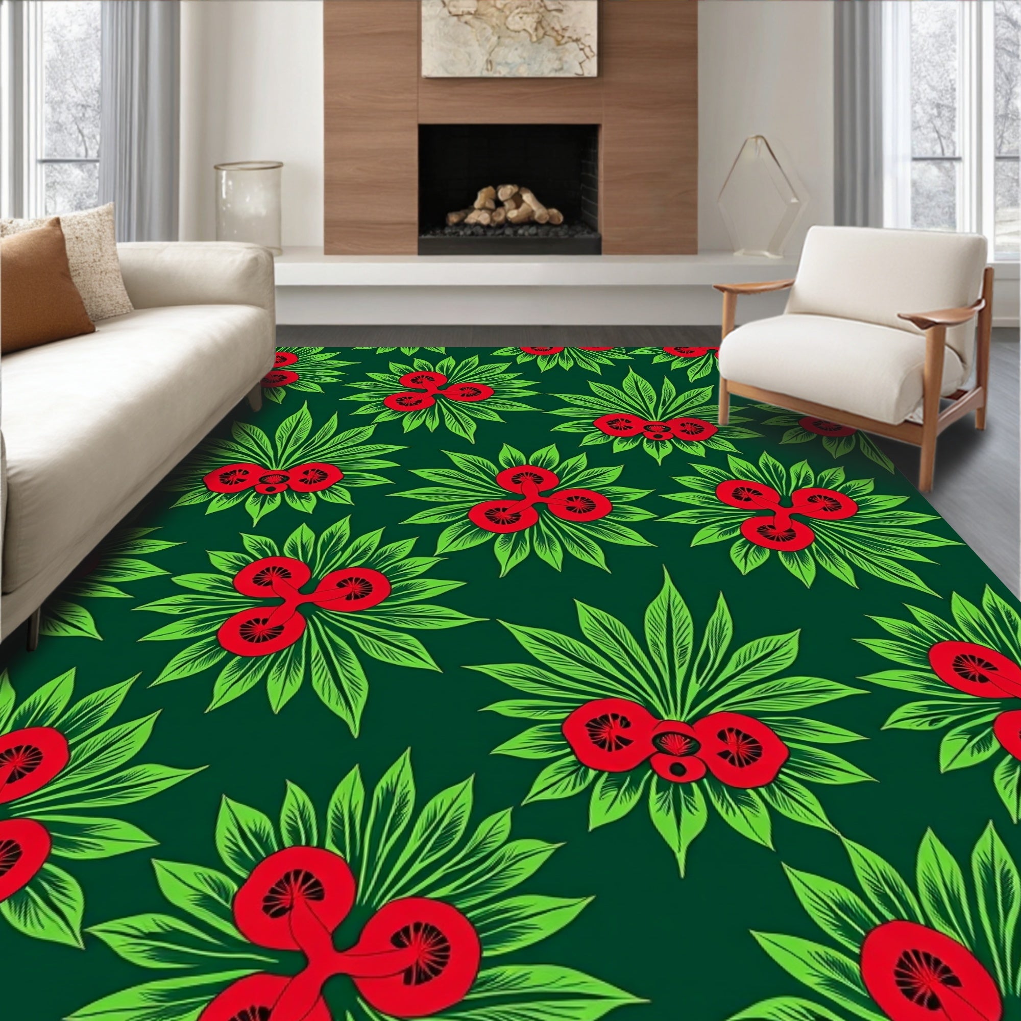 Bold Red Green Tropical Floral Arrangement Rug