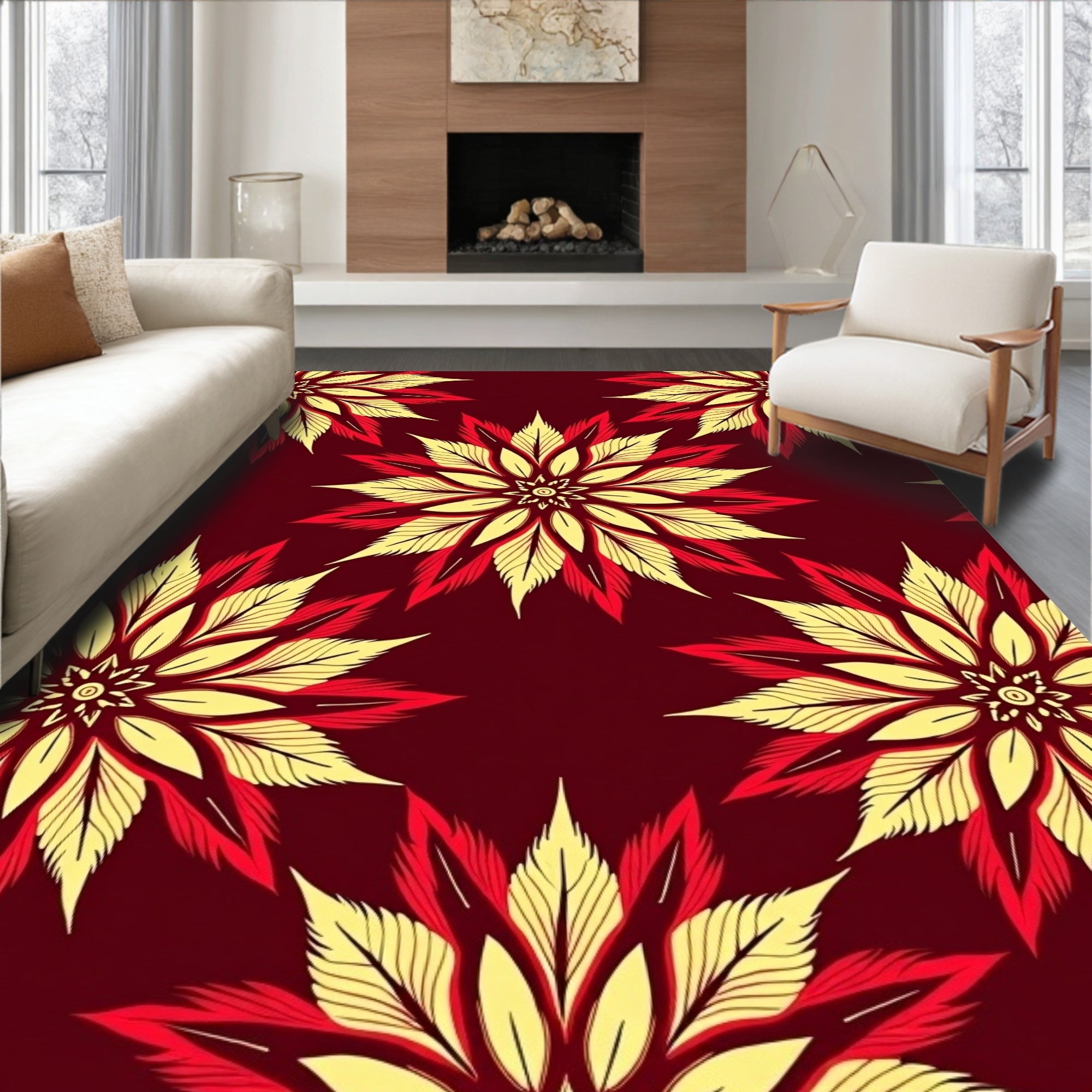 Crimson Sunburst Floral Mandala Rug