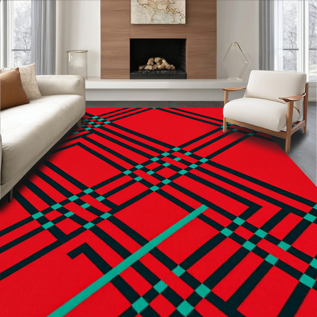 Crimson Teal Plaid Lines Rug