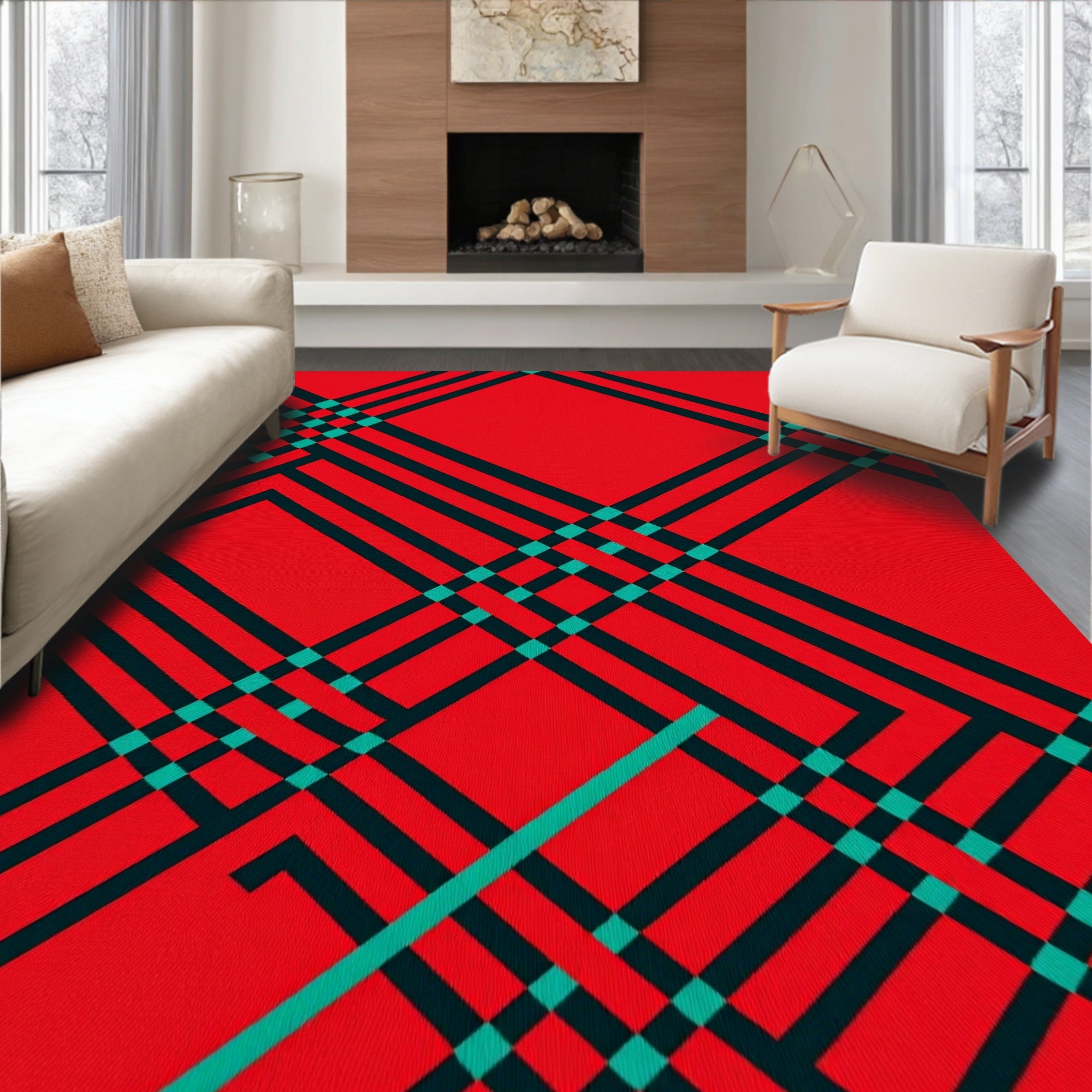 Crimson Teal Plaid Lines Rug