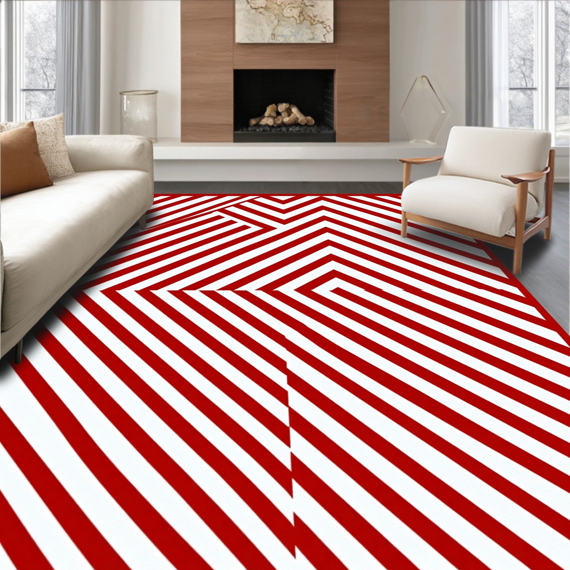 Red White Angular Stripe Abstraction Rug