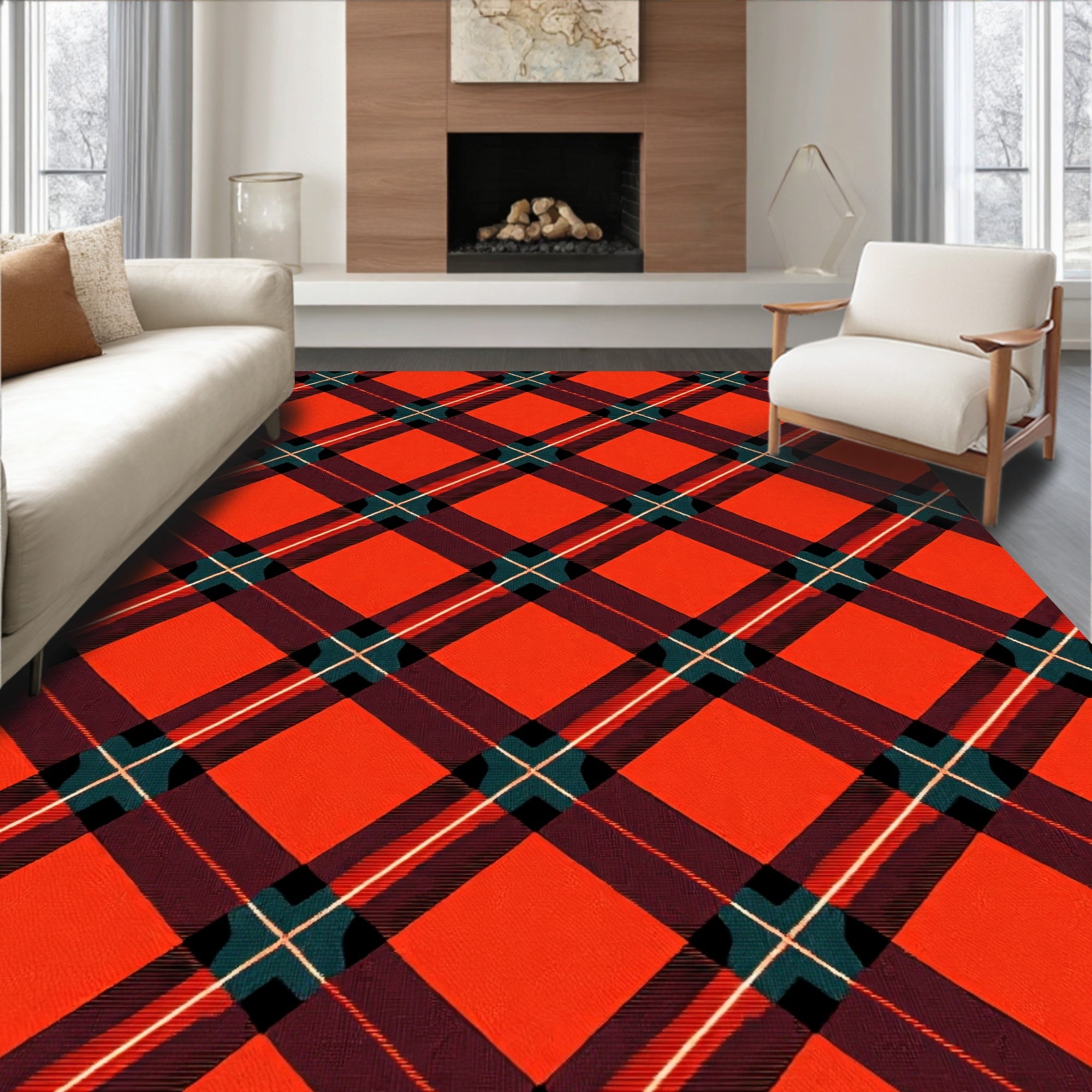 Classic Red Plaid Crossing Lines Rug