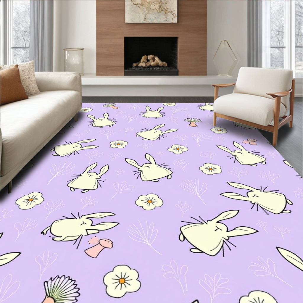 Whimsical Cream Bunny Flower Meadow Rug