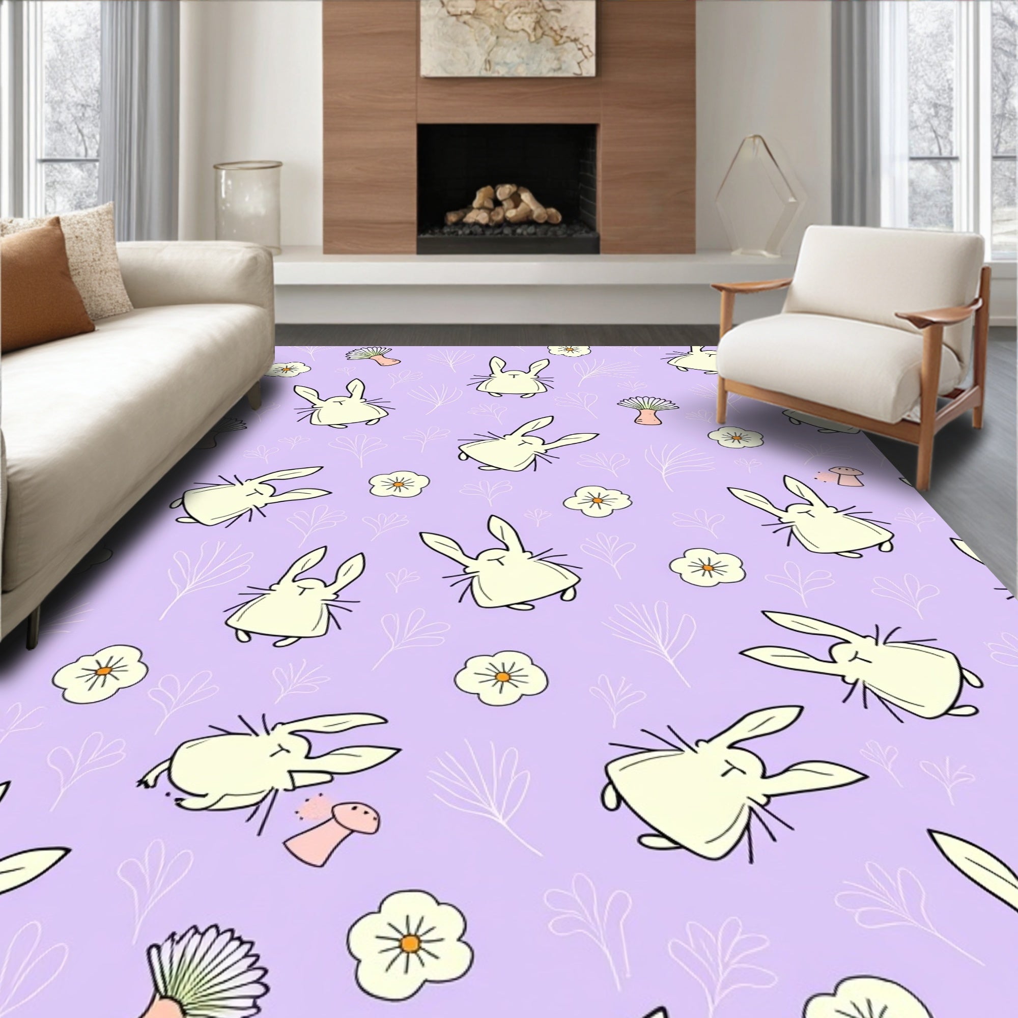 Whimsical Cream Bunny Flower Meadow Rug