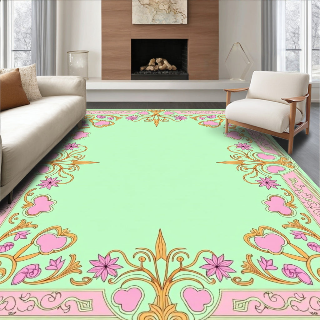 Pastel Pink Golden Floral Scroll Rug