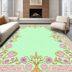 Pastel Pink Golden Floral Scroll Rug