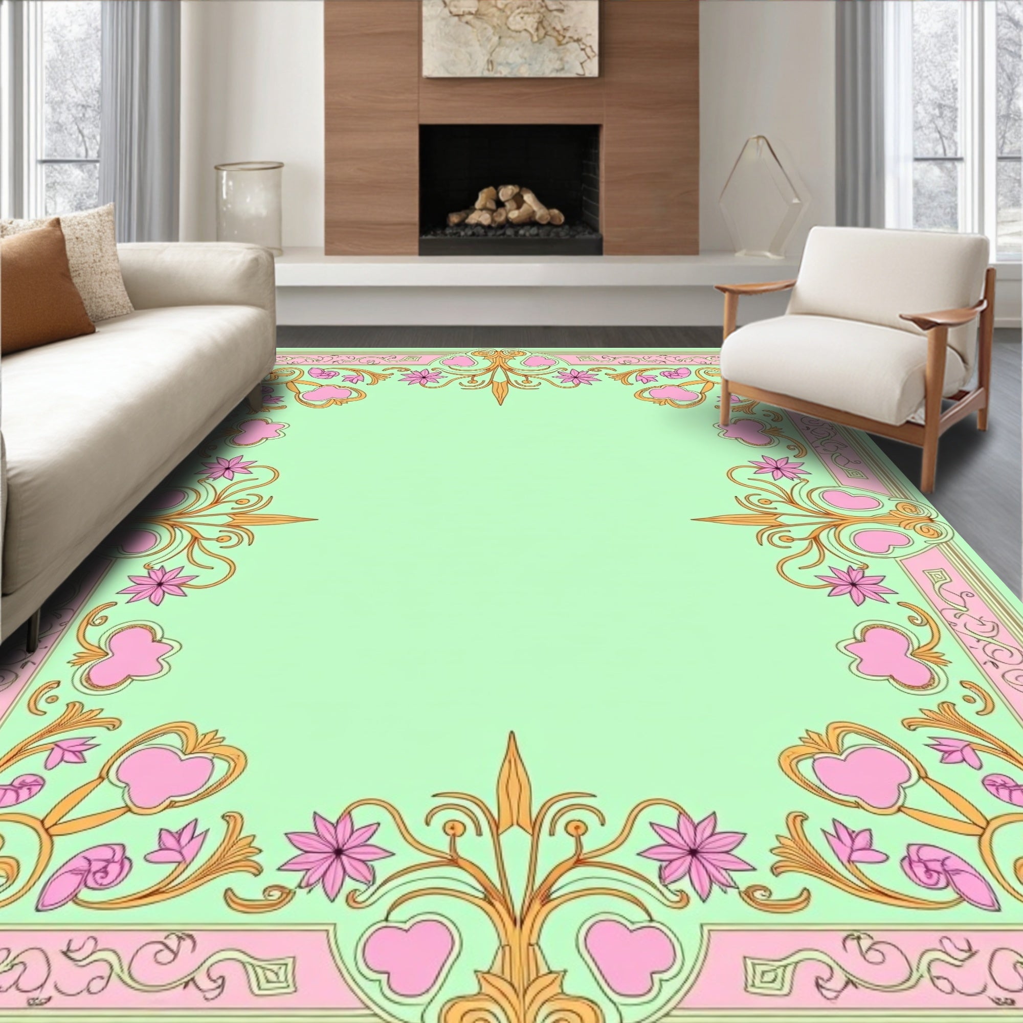 Pastel Pink Golden Floral Scroll Rug
