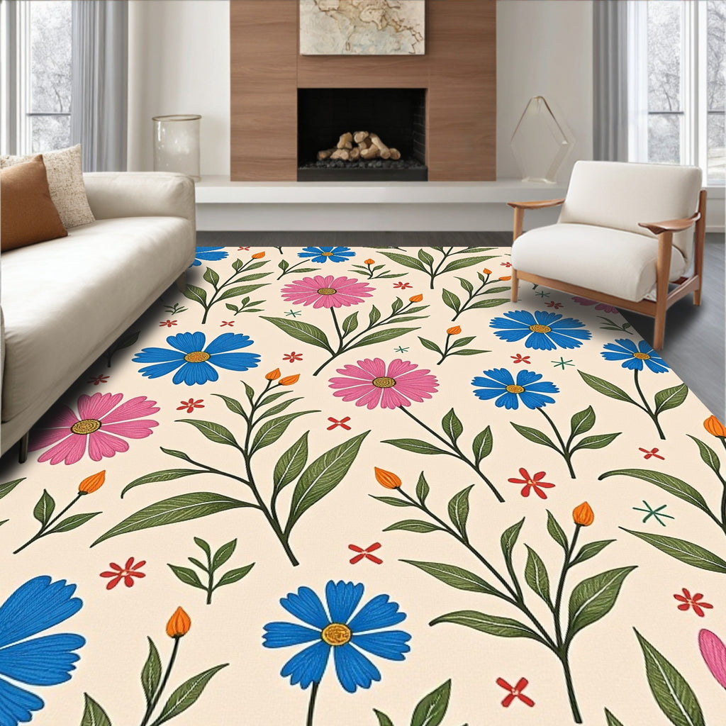 Whimsical Blue Pink Floral Garden Rug