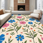 Whimsical Blue Pink Floral Garden Rug