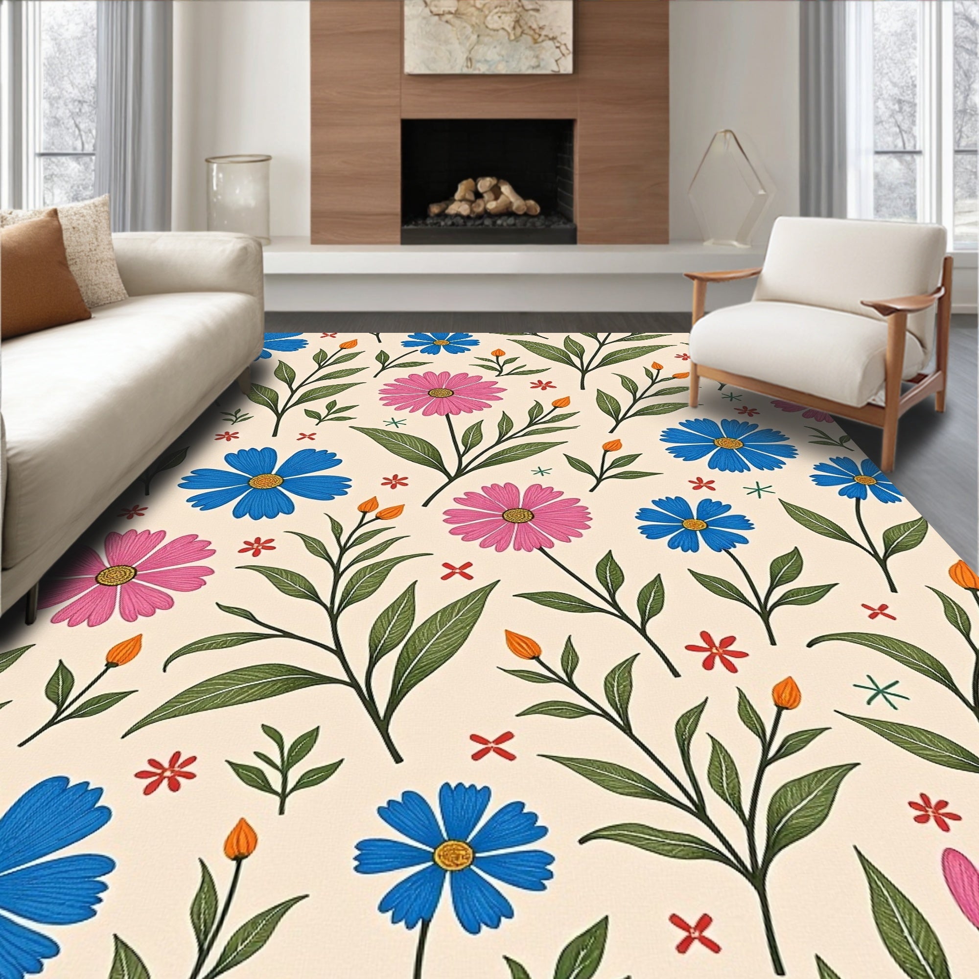 Whimsical Blue Pink Floral Garden Rug