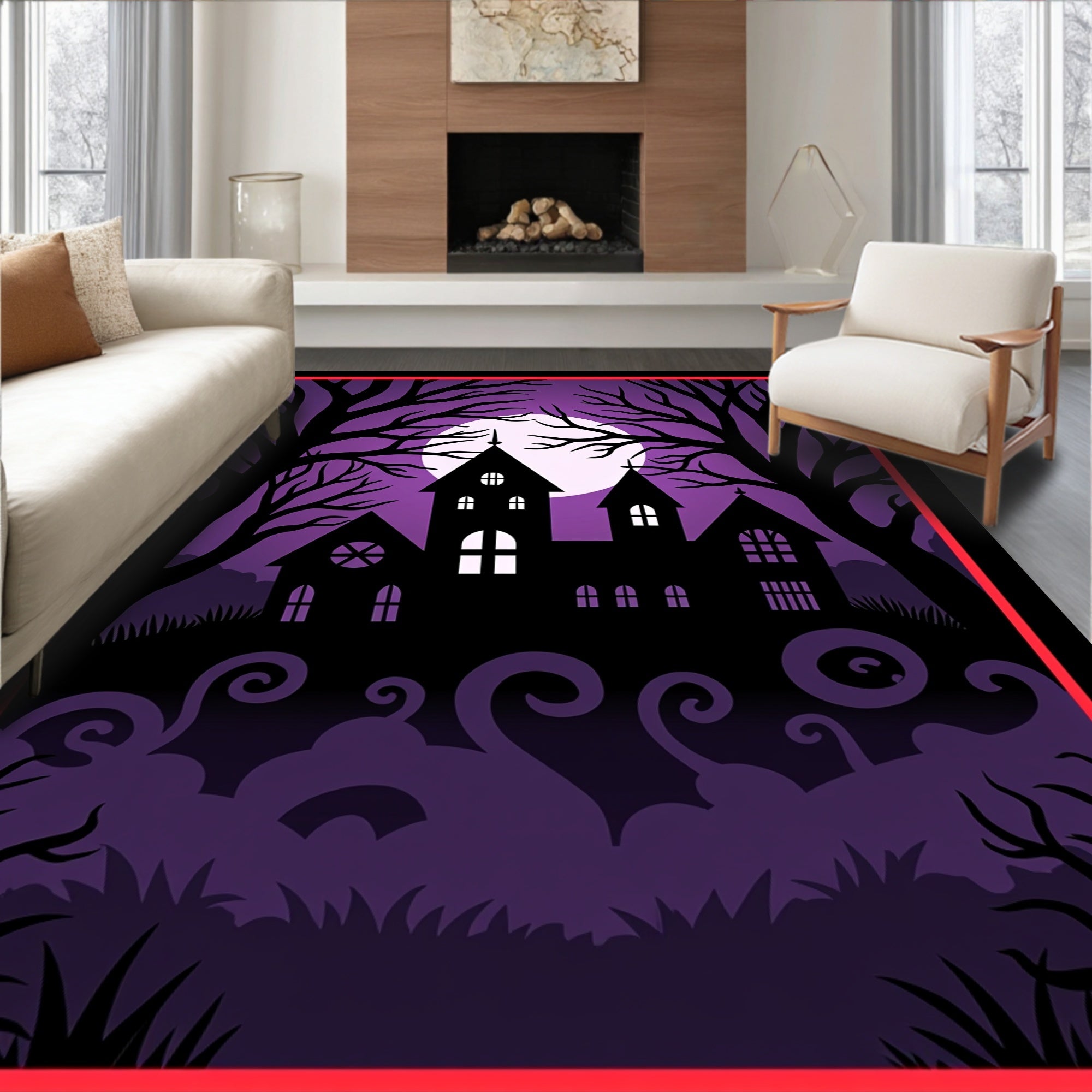 Haunted House Purple Moonscape Silhouette Rug