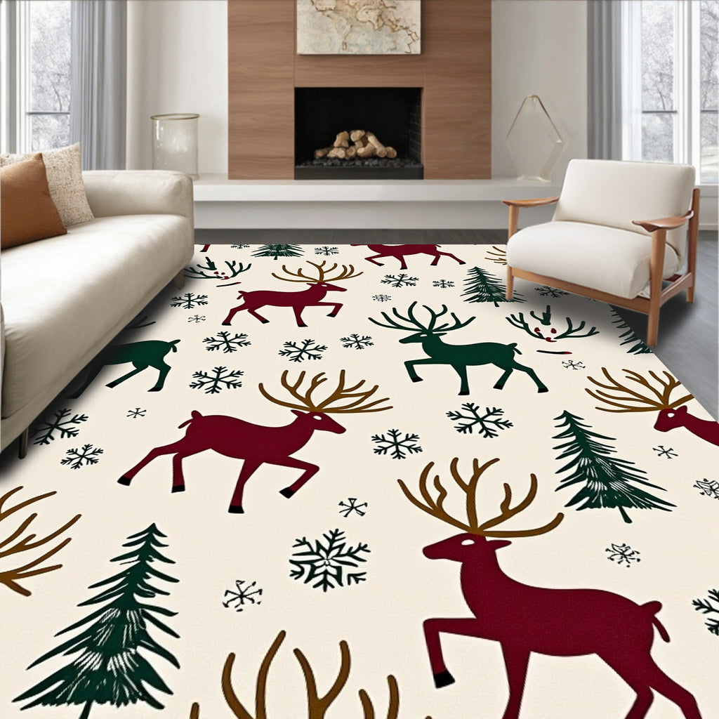 Crimson Forest Reindeer Snowflake Scene Rug