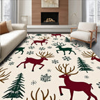 Crimson Forest Reindeer Snowflake Scene Rug
