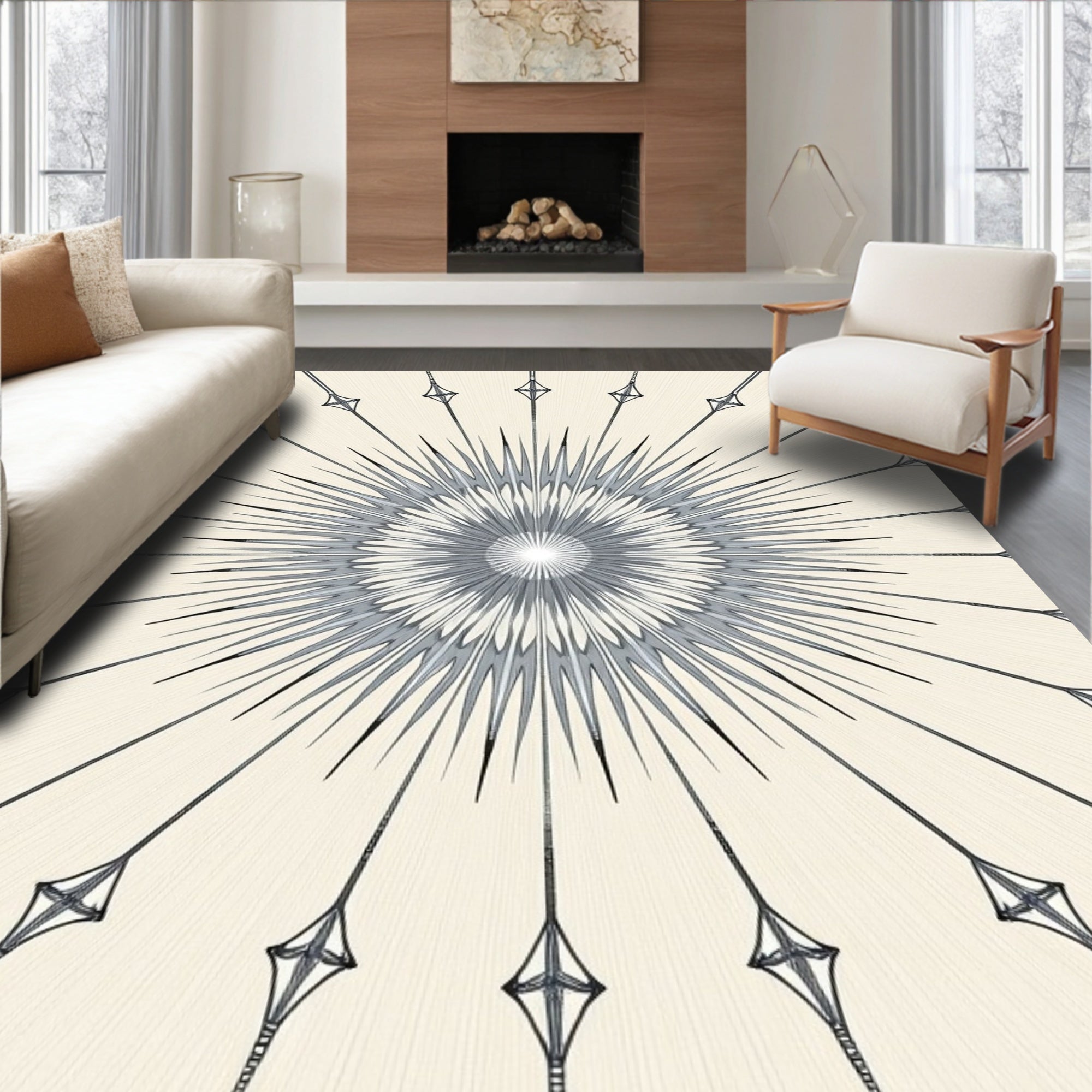 Neutral Sunburst Diamond Rays Rug