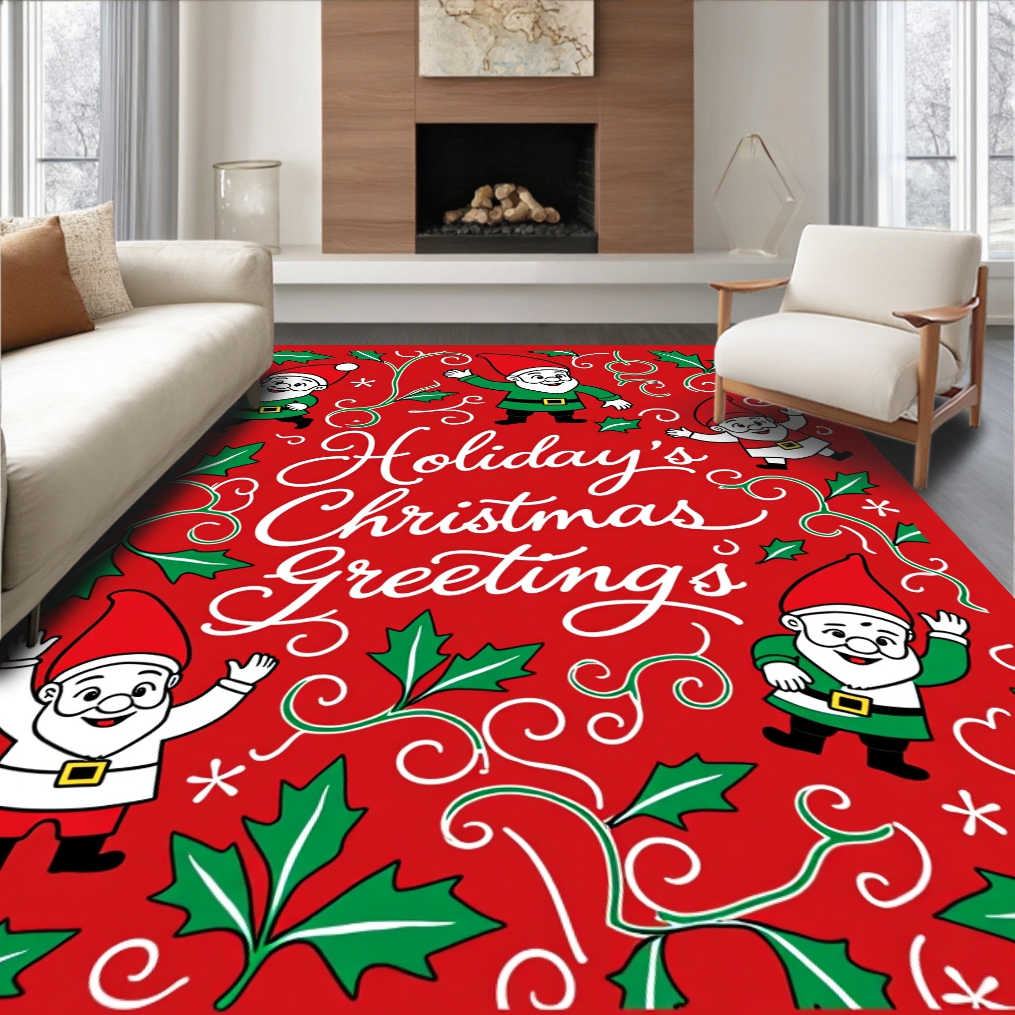 Gnome Christmas Greeting Holly Swirls Rug