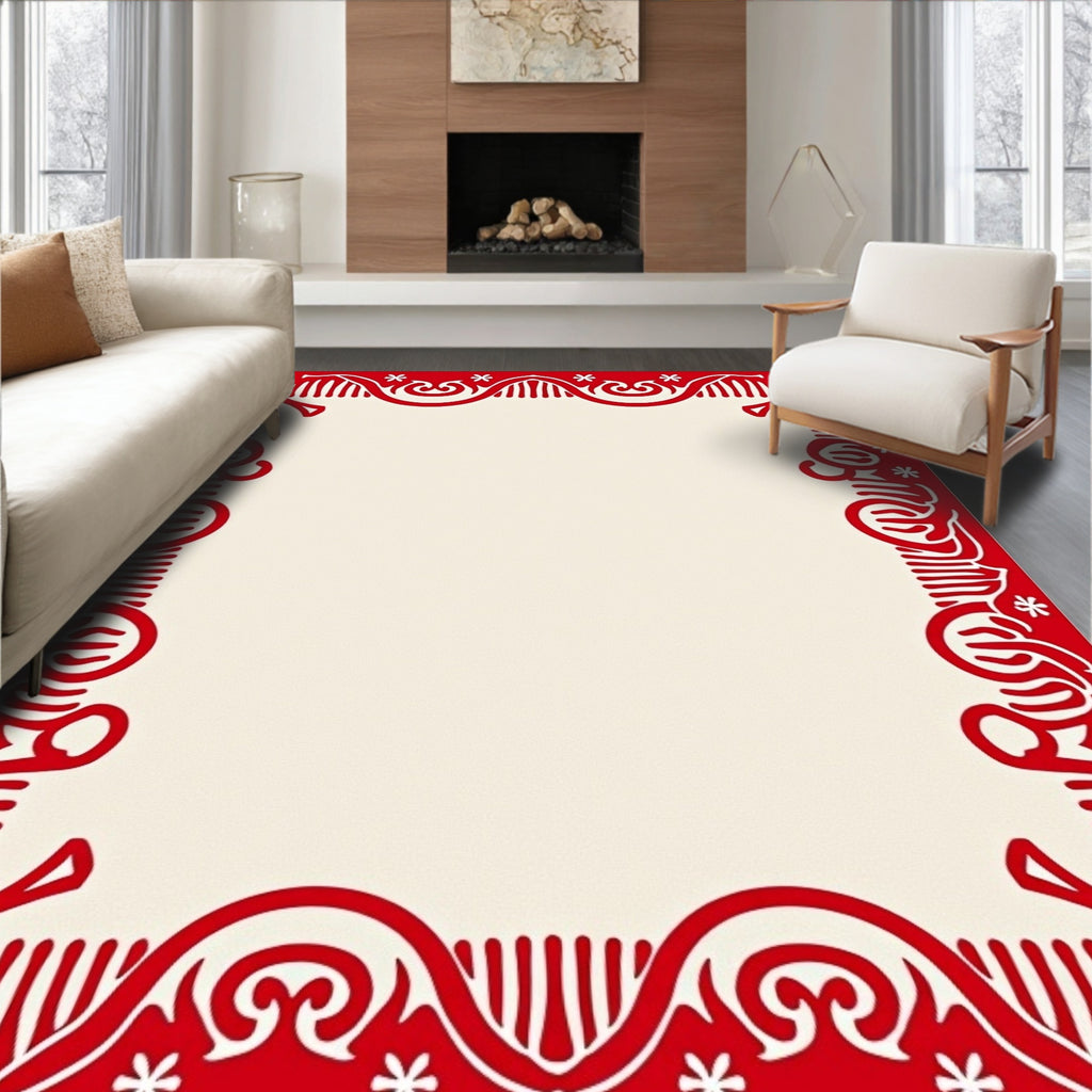 Scarlet White Cream Border Swirls Rug