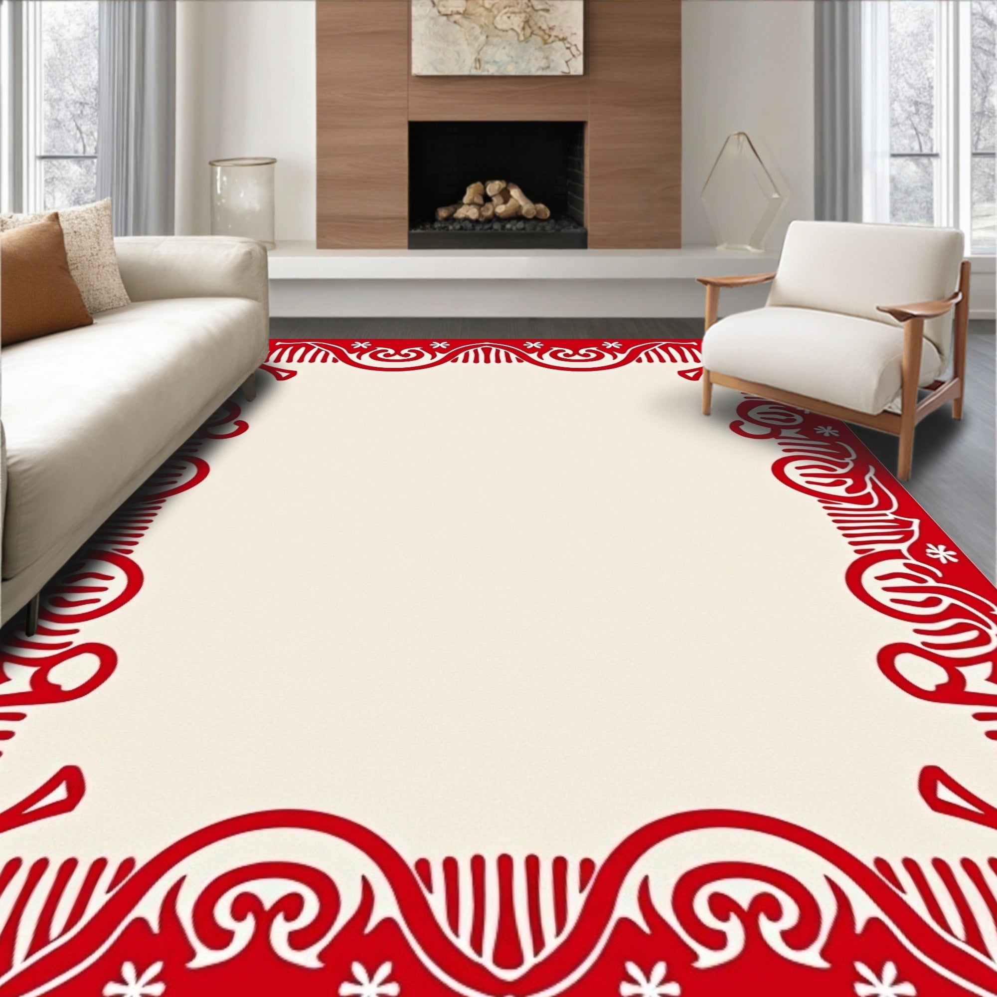 Scarlet White Cream Border Swirls Rug