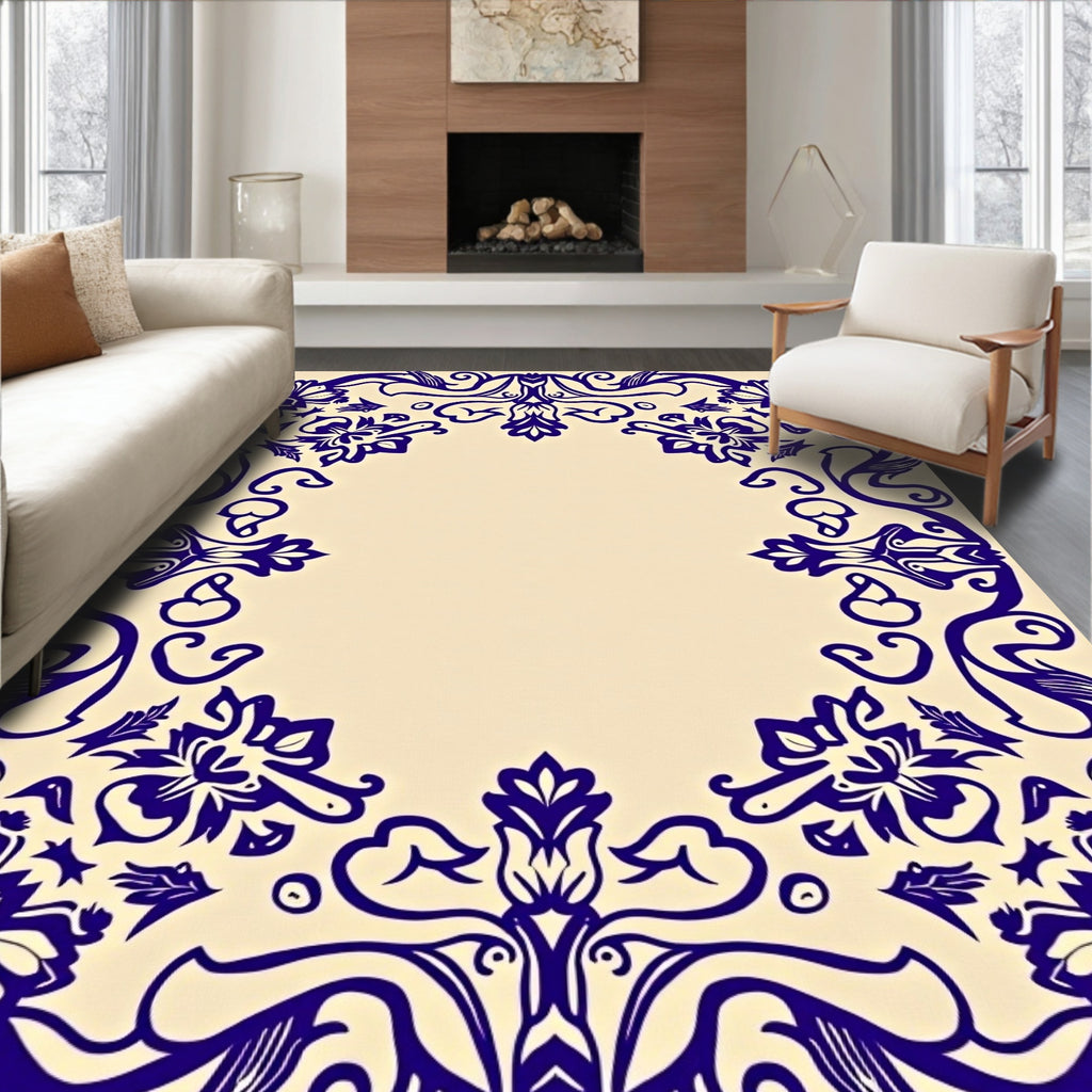 Deep Blue Floral Scroll Frame Rug