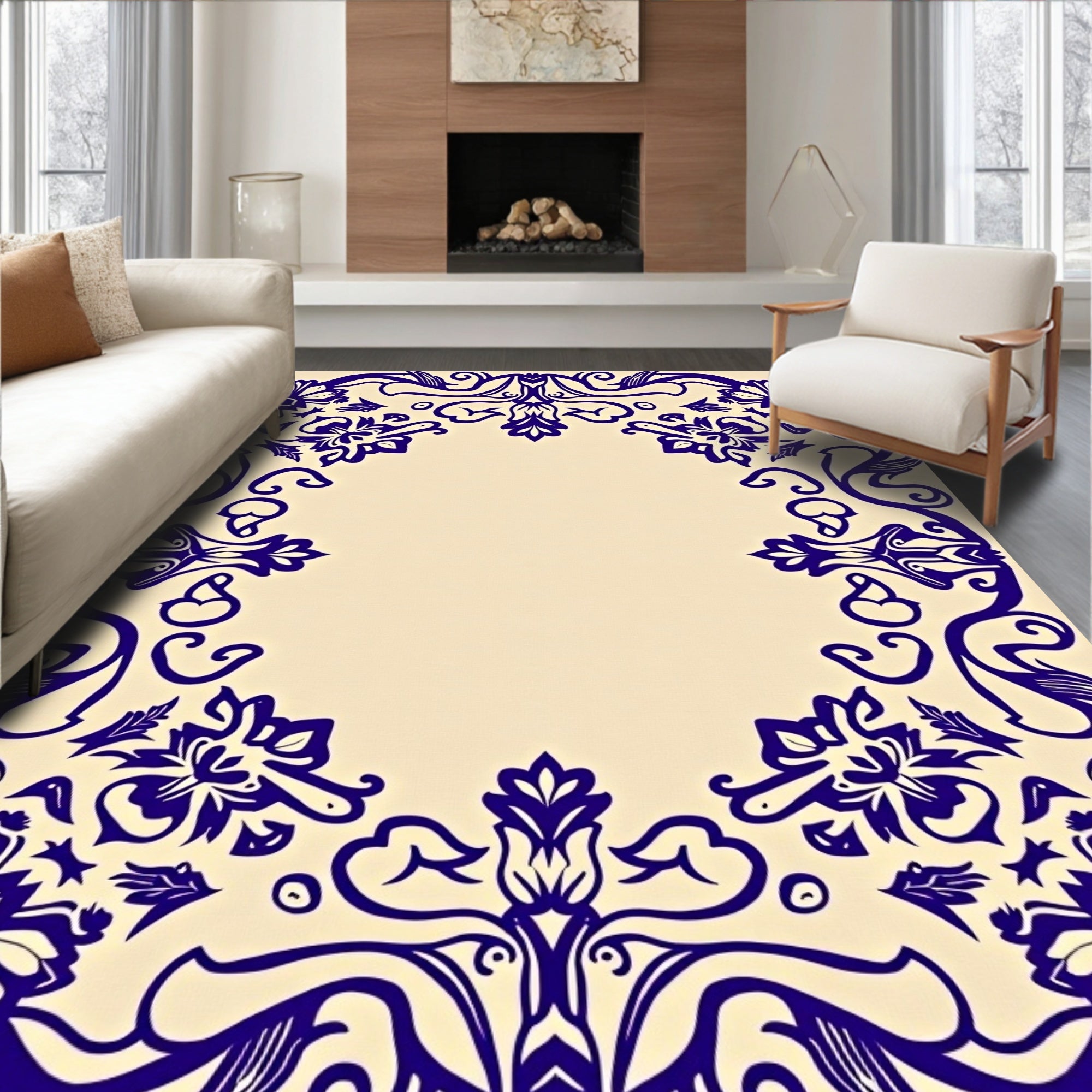 Deep Blue Floral Scroll Frame Rug