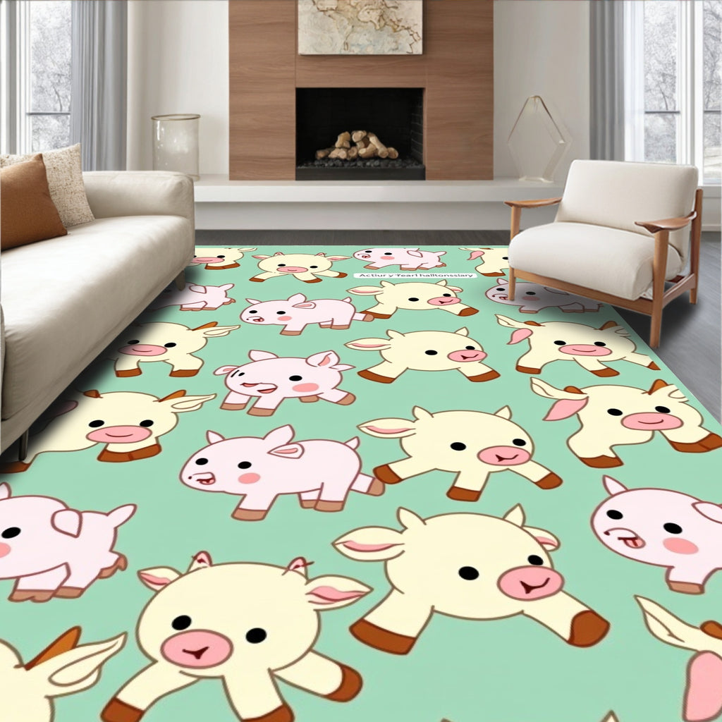 Cute Cream Piglets Light Green Field Rug
