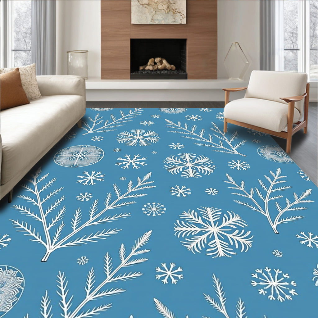 Winter Blue White Snowflake Branches Rug