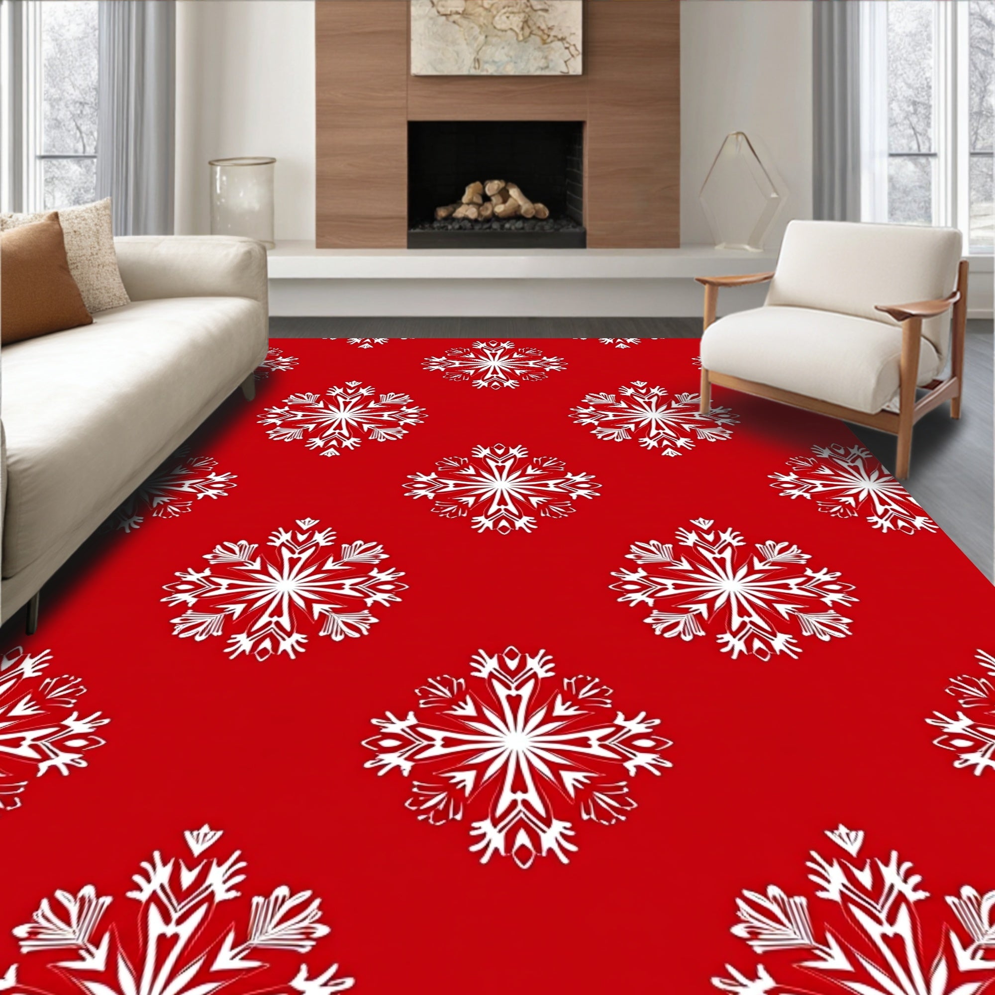White Snowflake Red Background Rug
