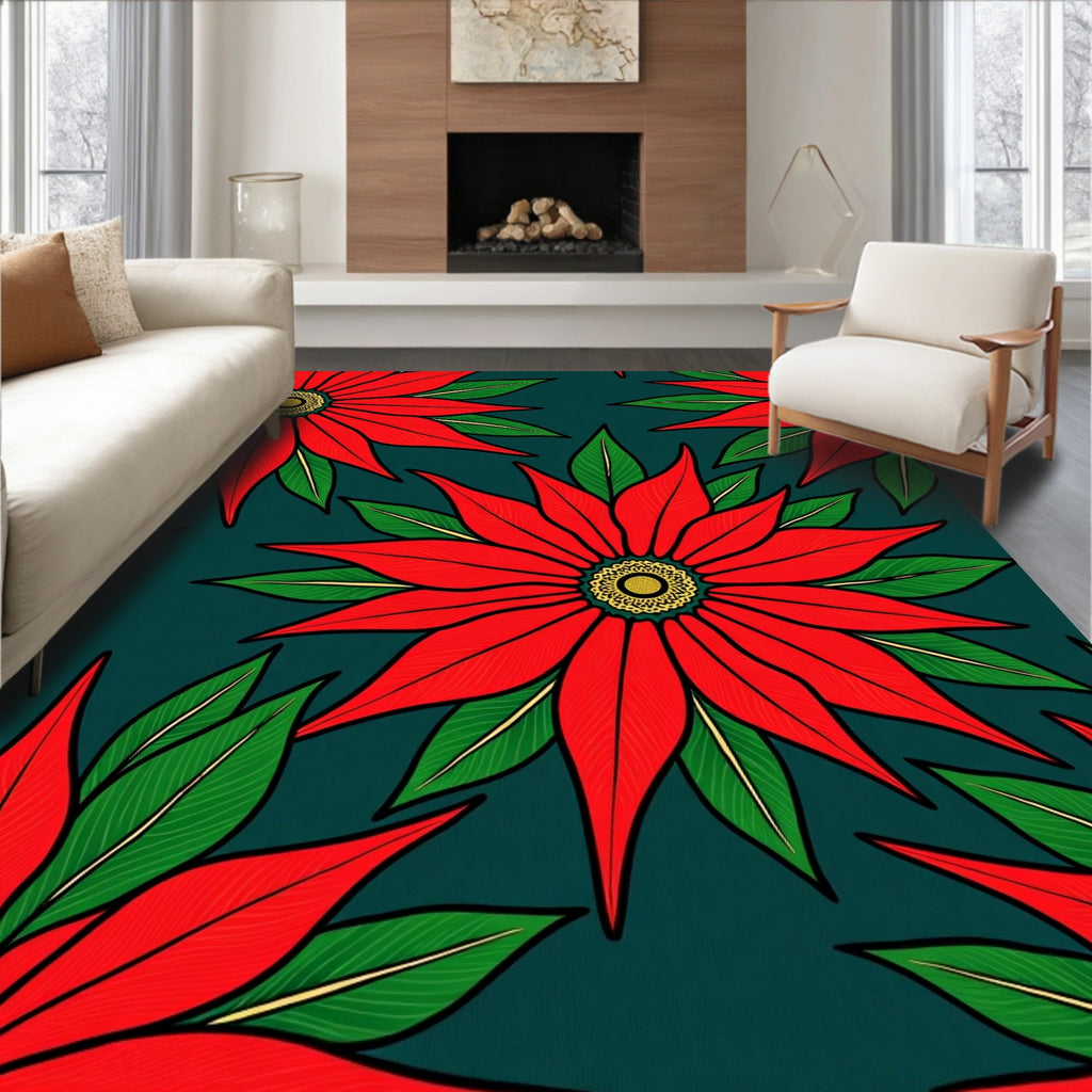 Festive Red Poinsettia Bloom Rug