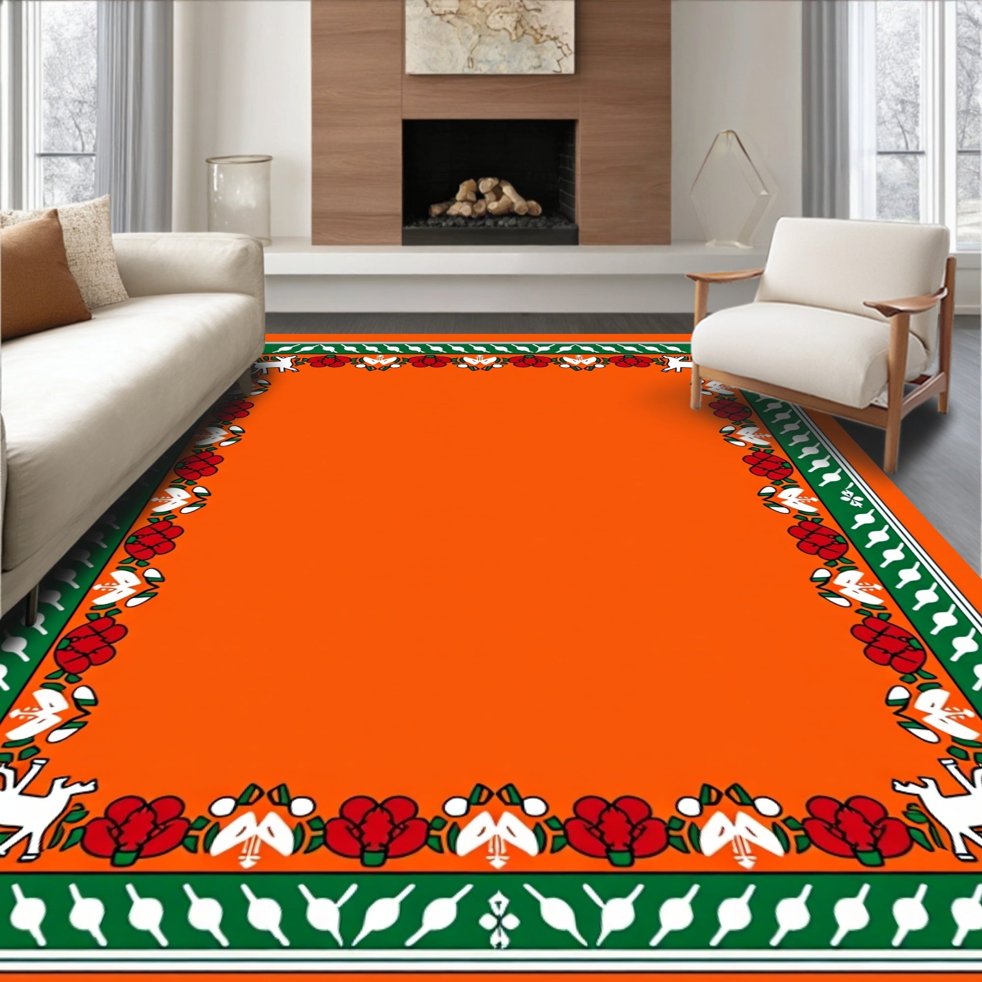 Orange White Red Green Animal Border Rug