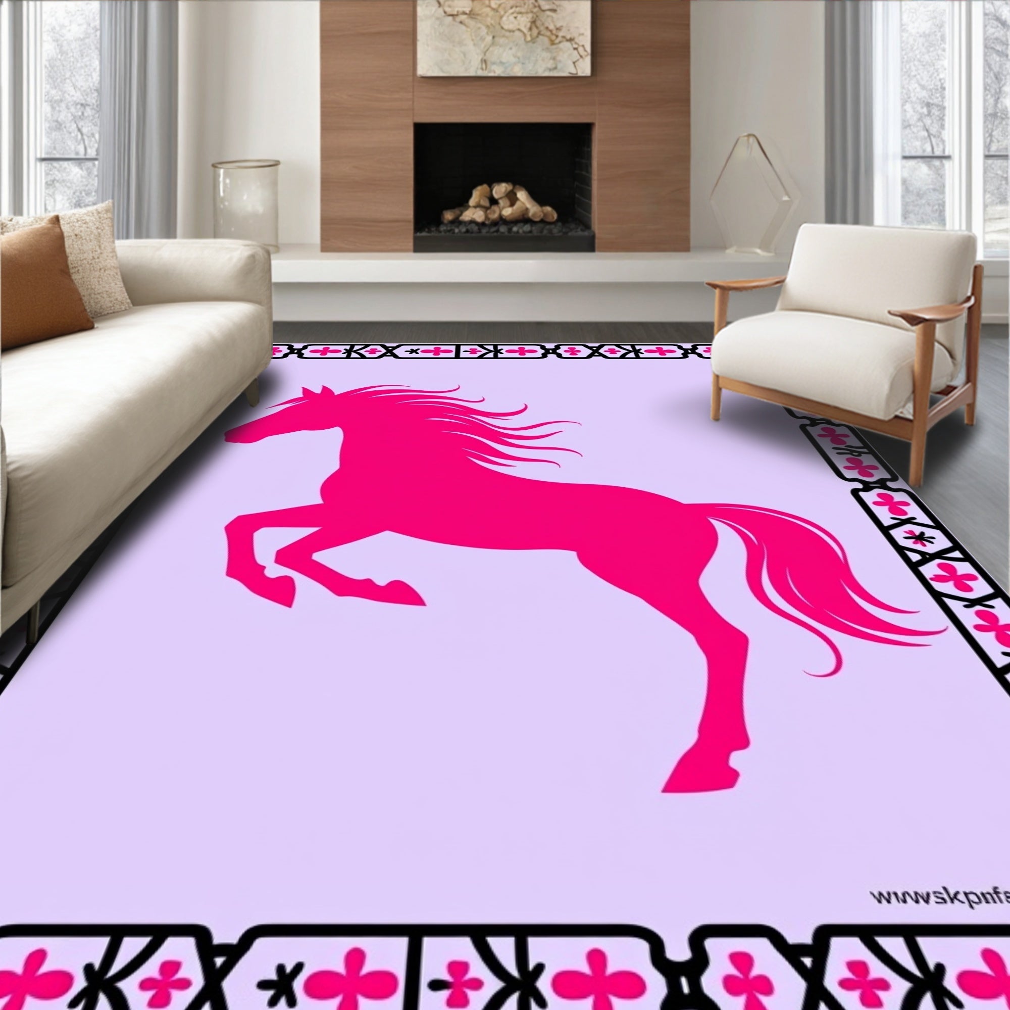 Bright Pink Galloping Horse Border Rug