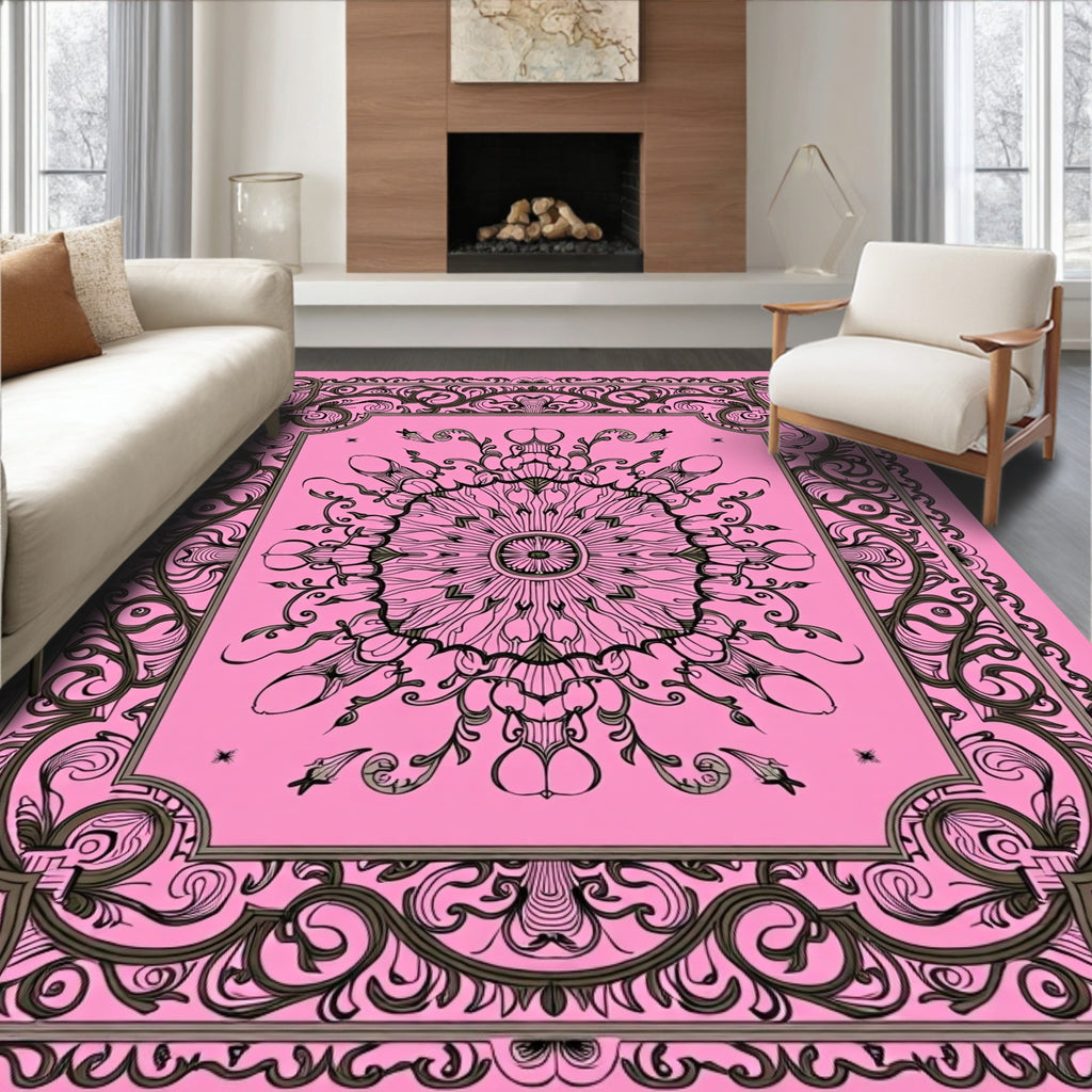 Elegant Pink Floral Medallion Scroll Rug