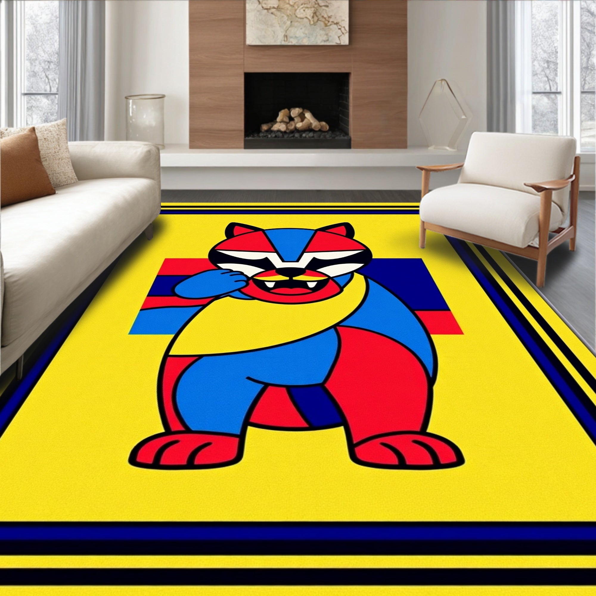 Bold Cubist Cat Yellow Border Rug
