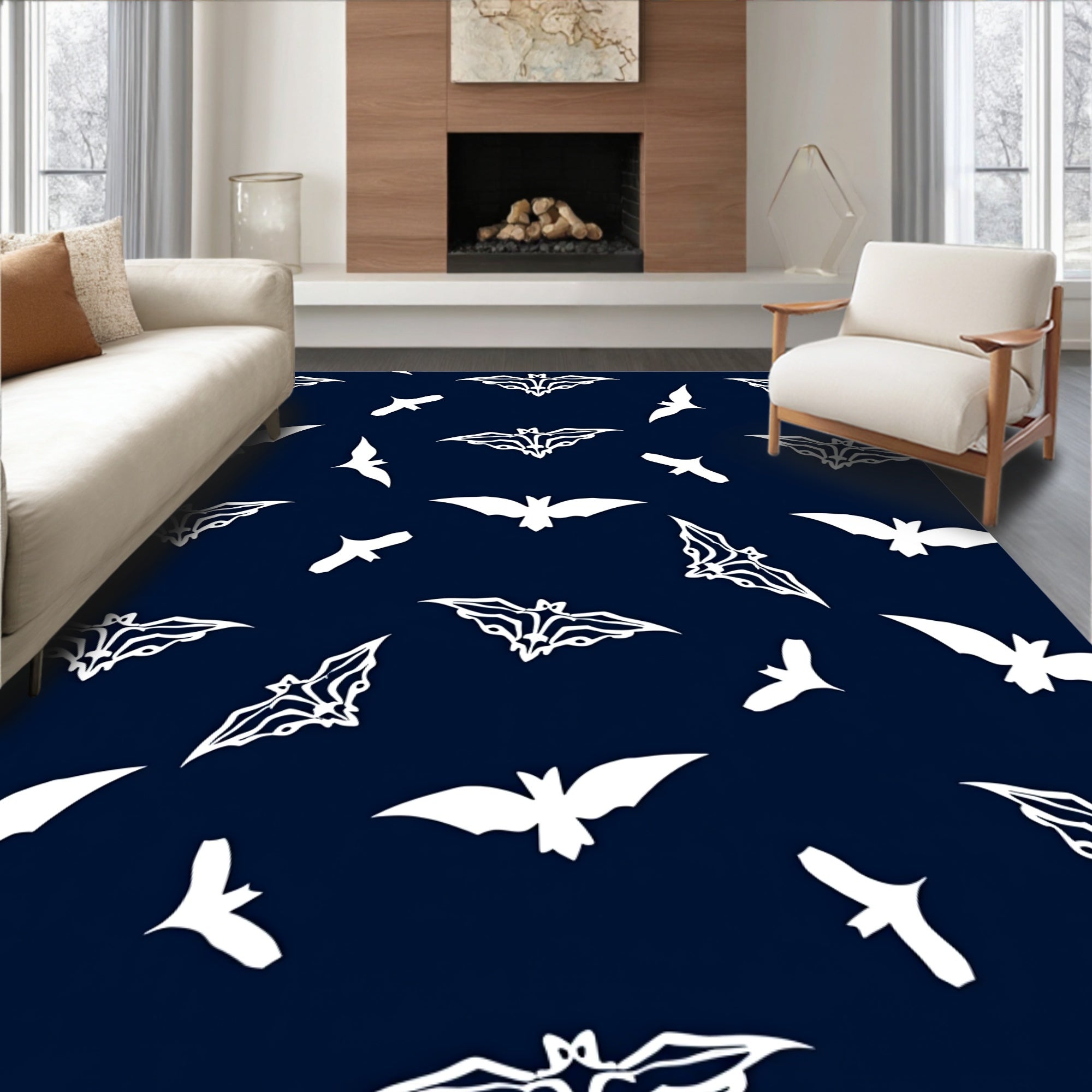 Dark Navy White Flying Bats Rug