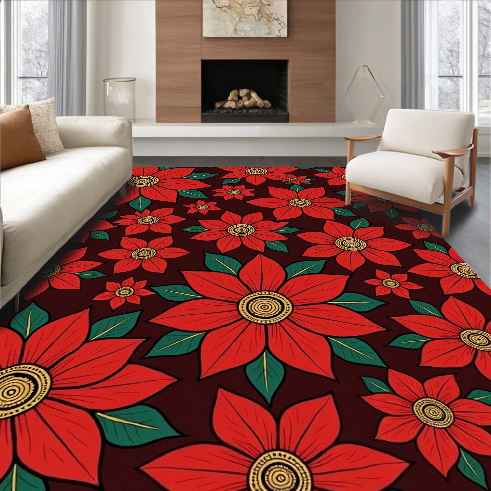 Crimson Floral Bloom Textile Rug