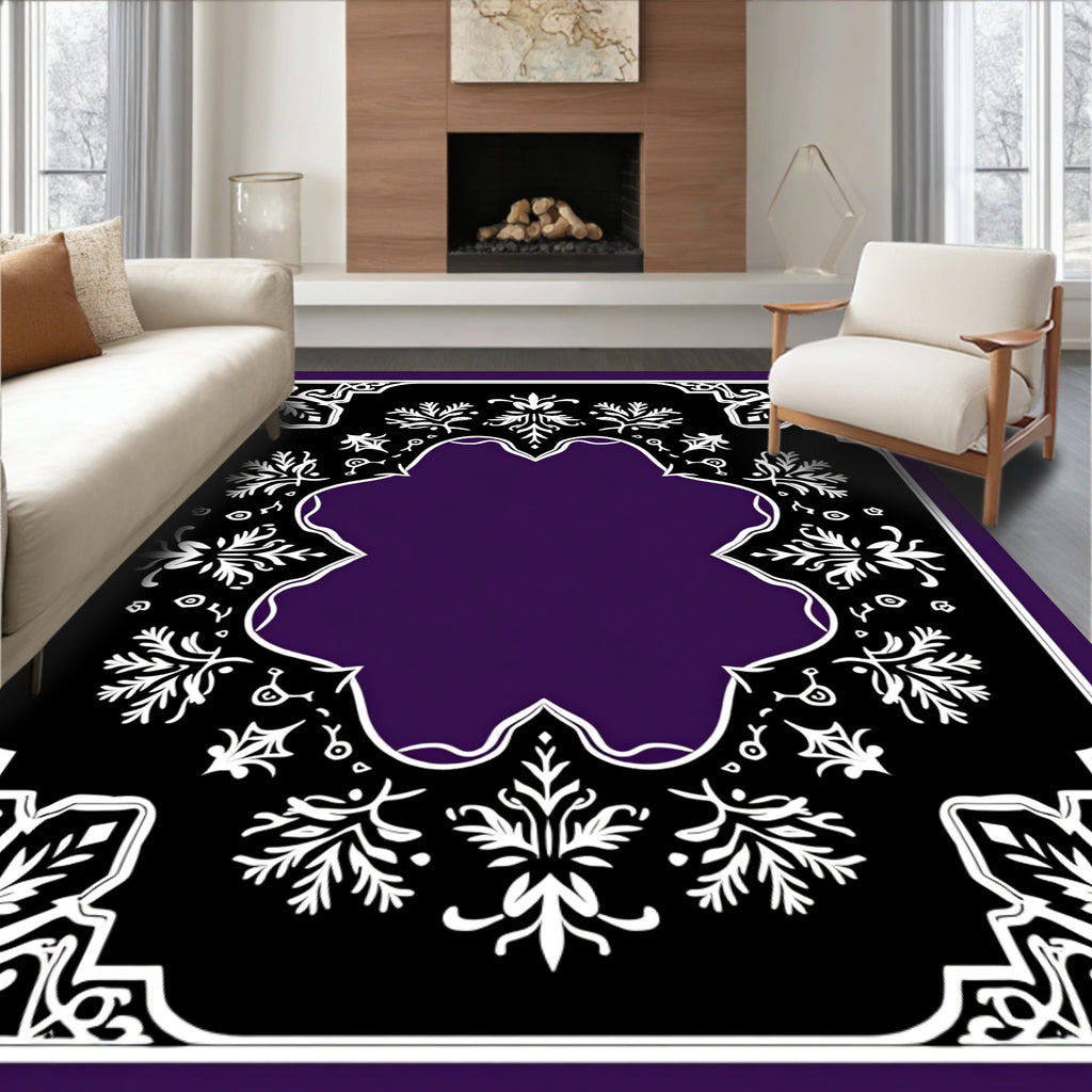Deep Purple White Floral Medallion Border Rug