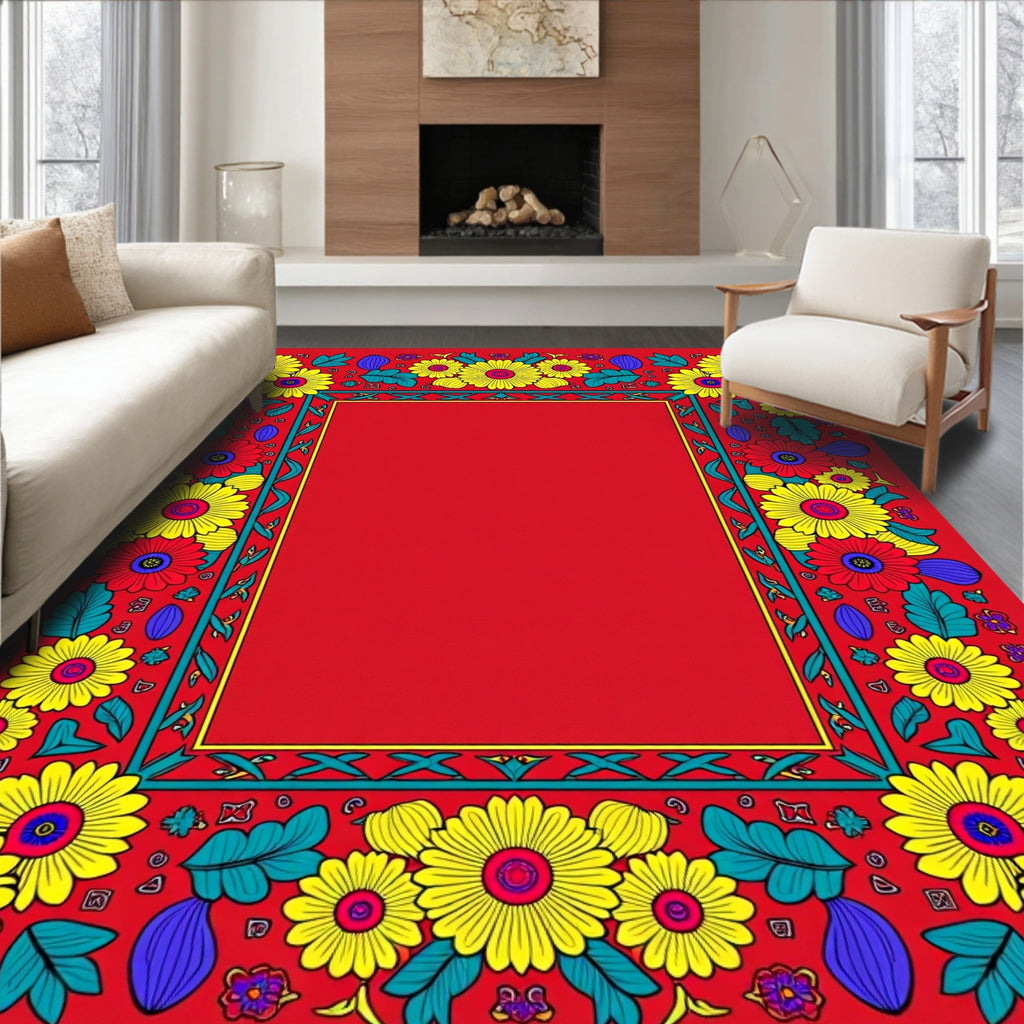 Vibrant Red Floral Border Sunburst Rug