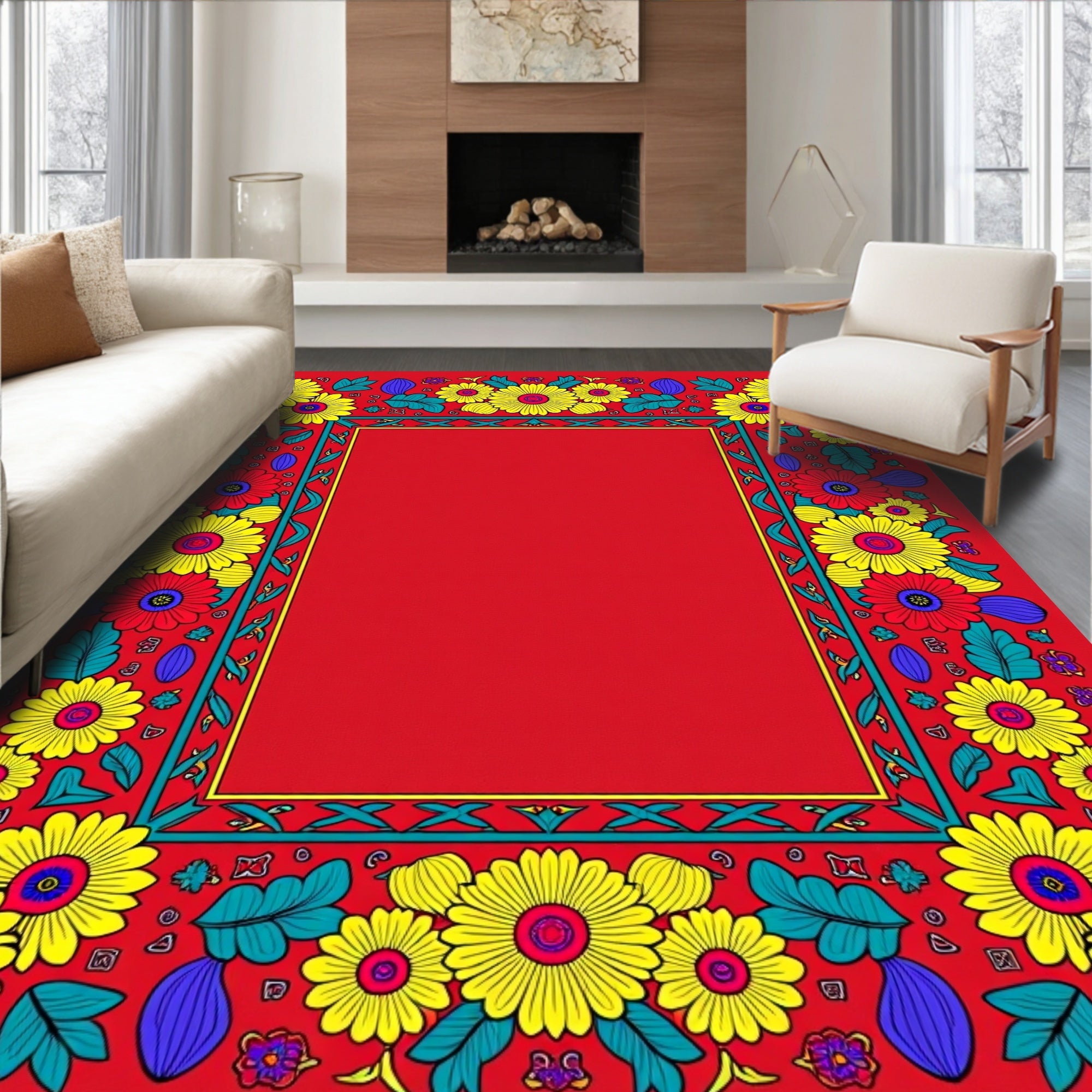 Vibrant Red Floral Border Sunburst Rug