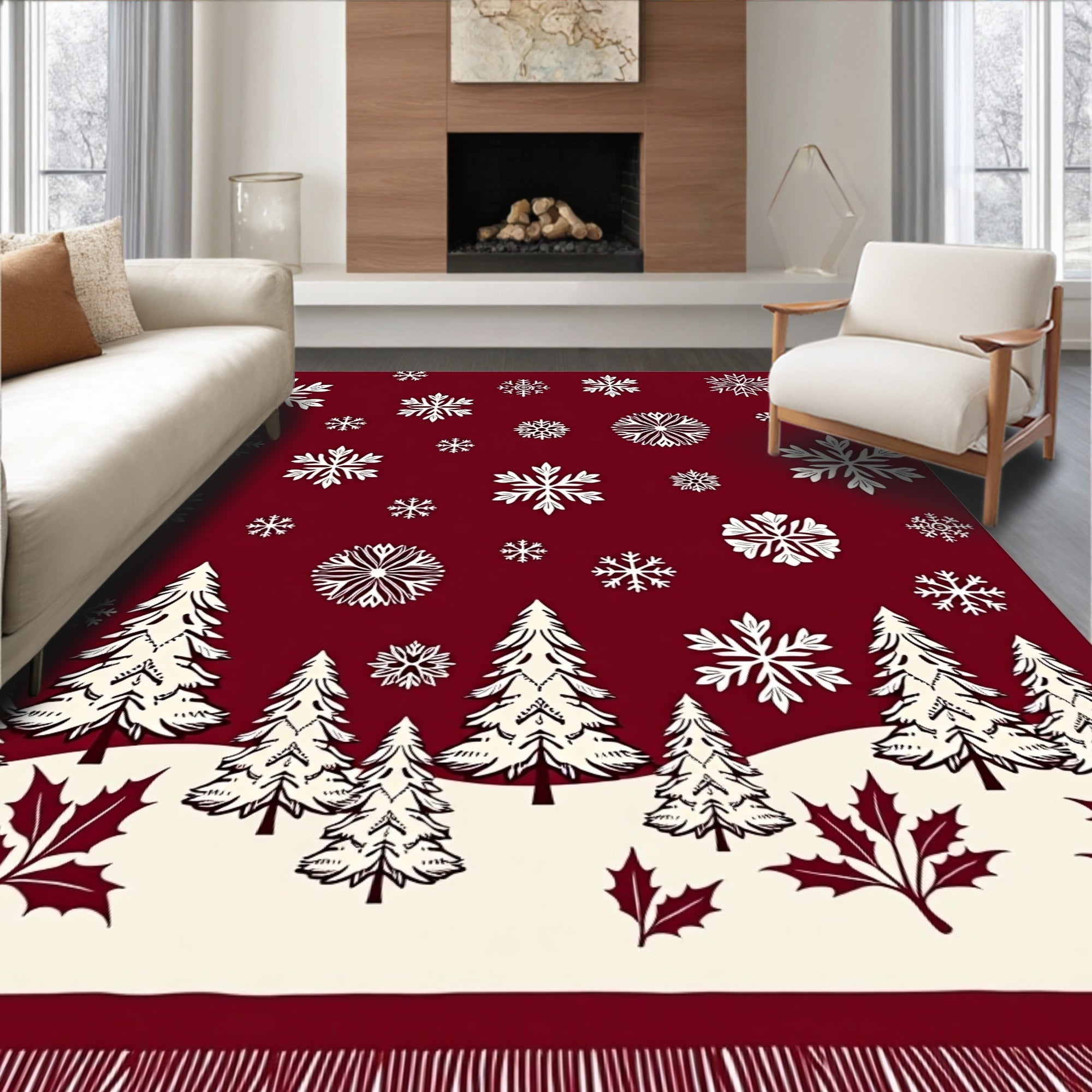 Crimson Snowflakes Forest Landscape Rug