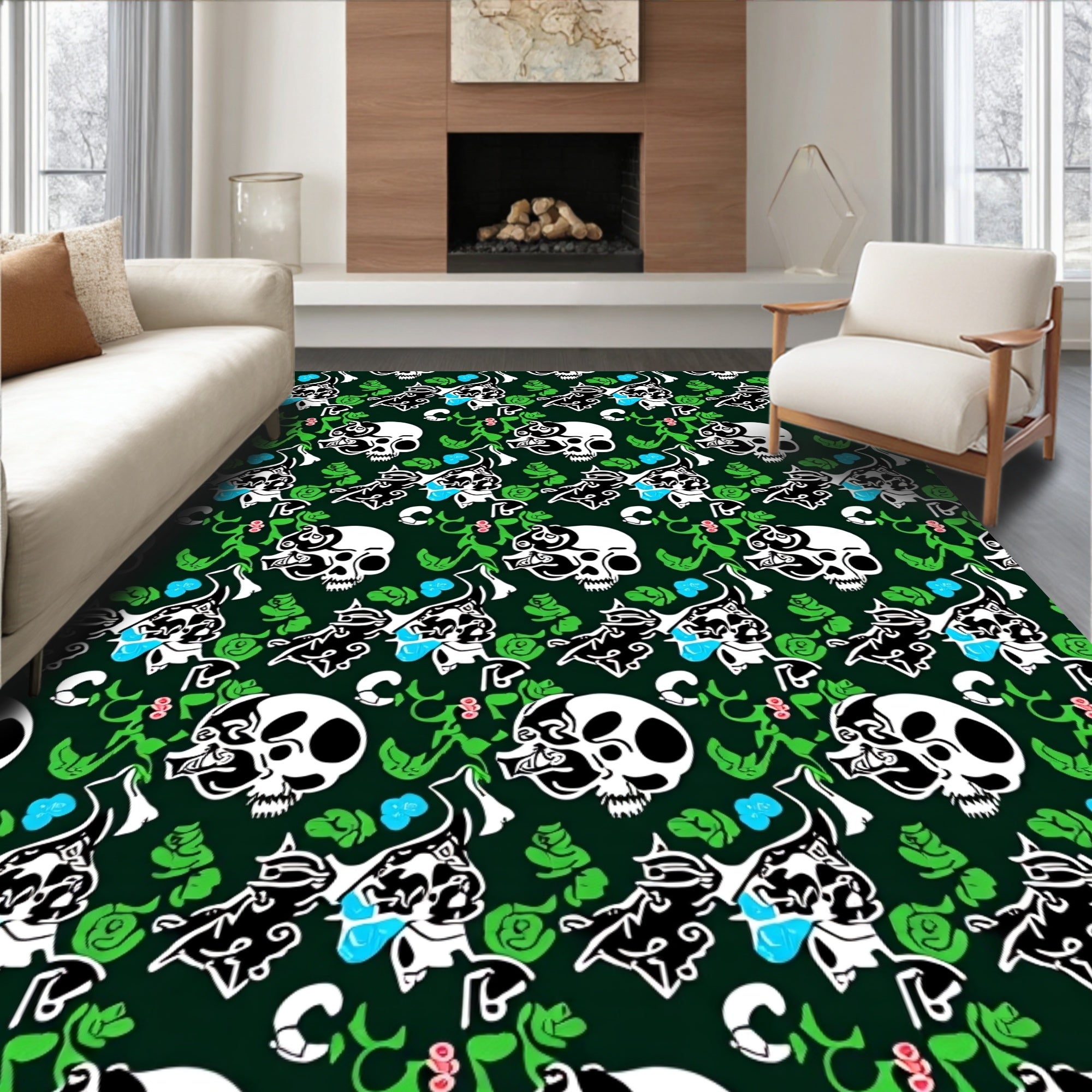 Dark Skull Floral Vine Whimsical Rug