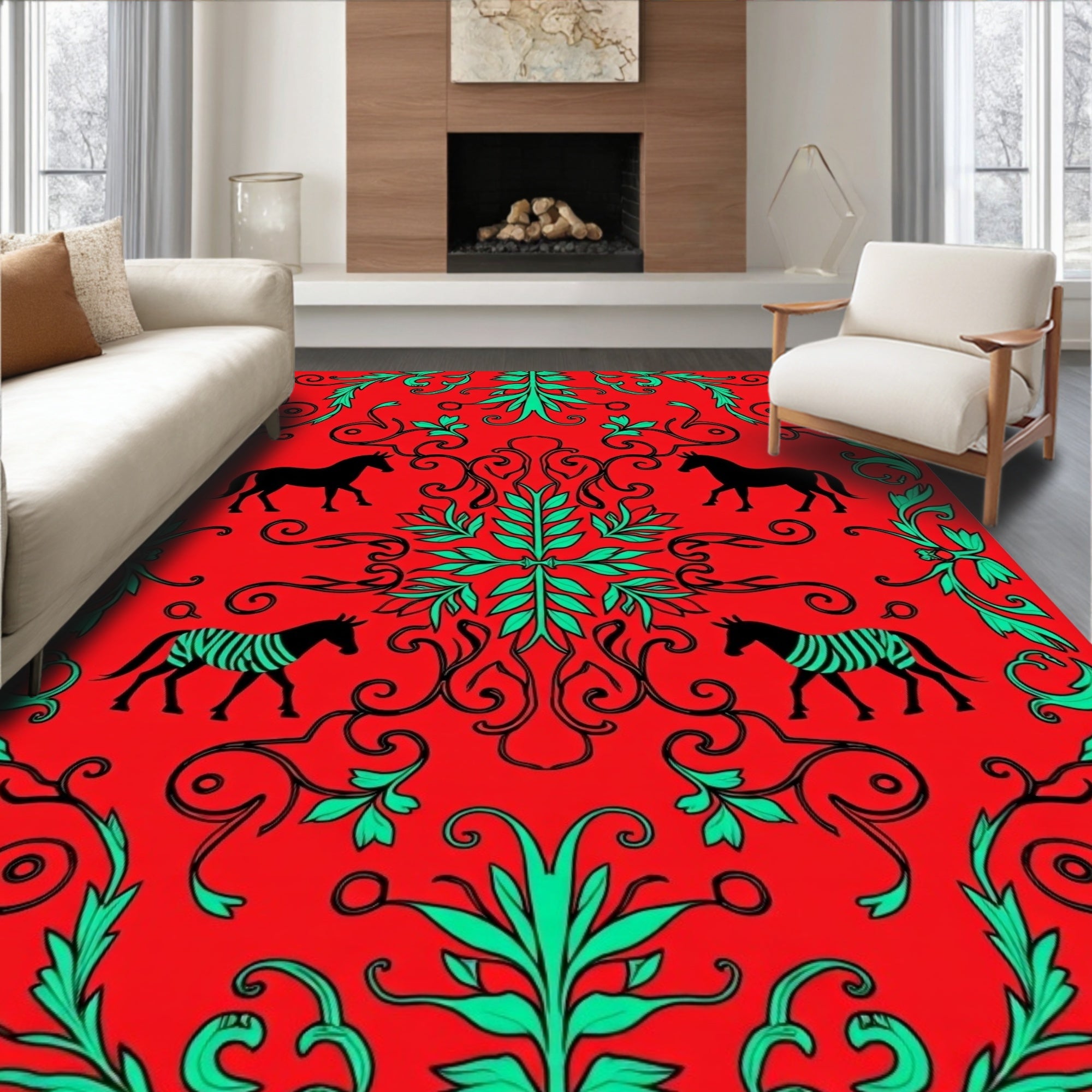 Red Horses And Zebras Baroque Rug