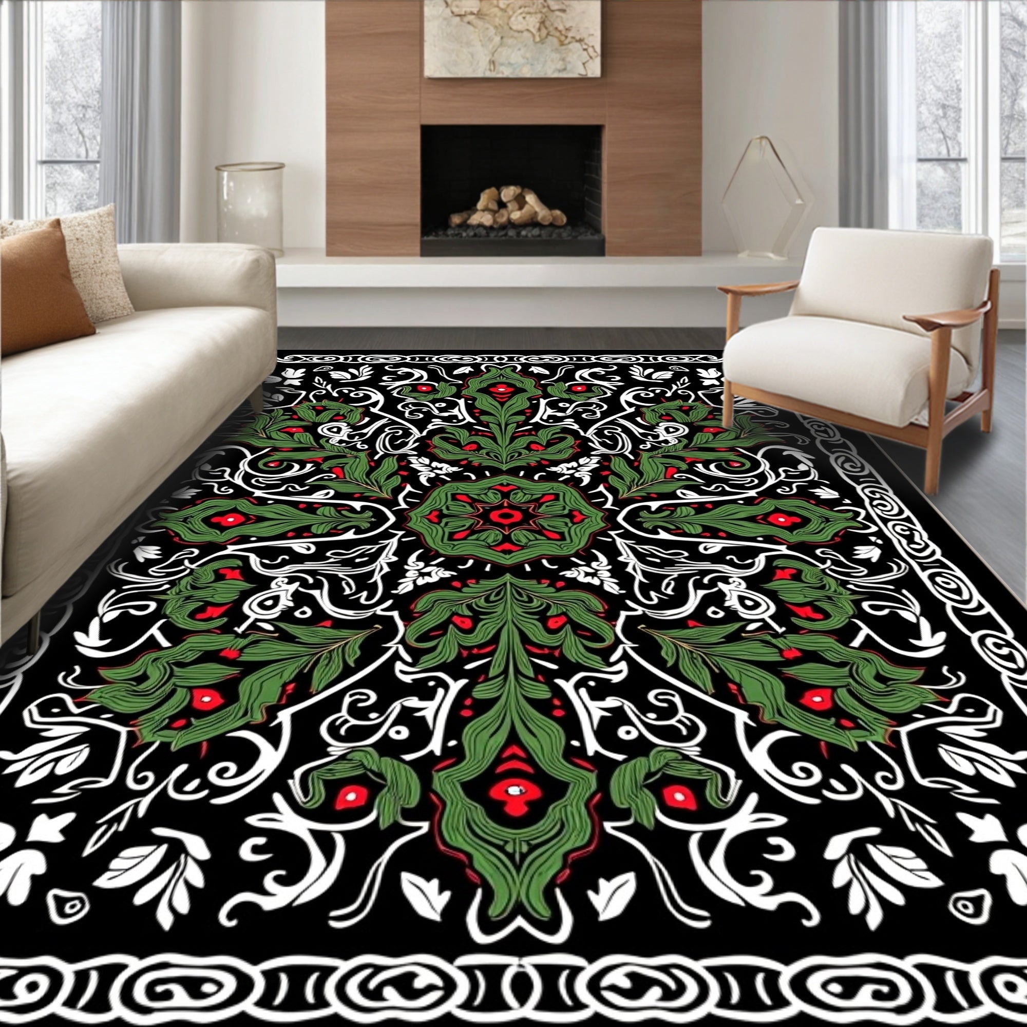 Green Red Foliage Black Ornamental Rug