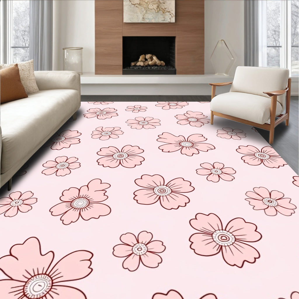 Pink Floral Scattered Blossom Illustration Rug
