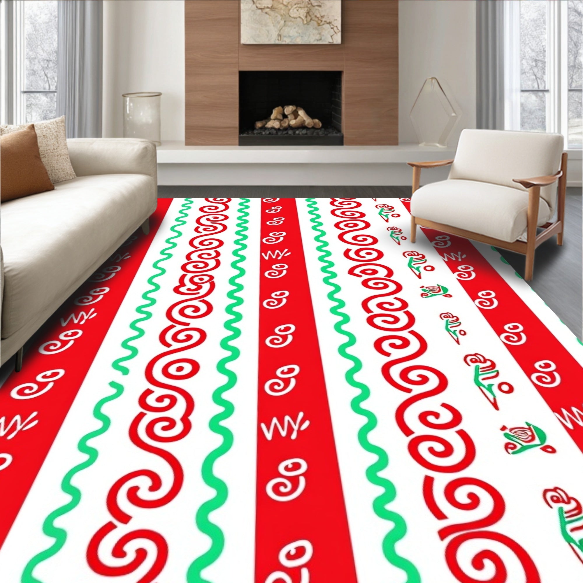 Red Green White Abstract Stripe Rug