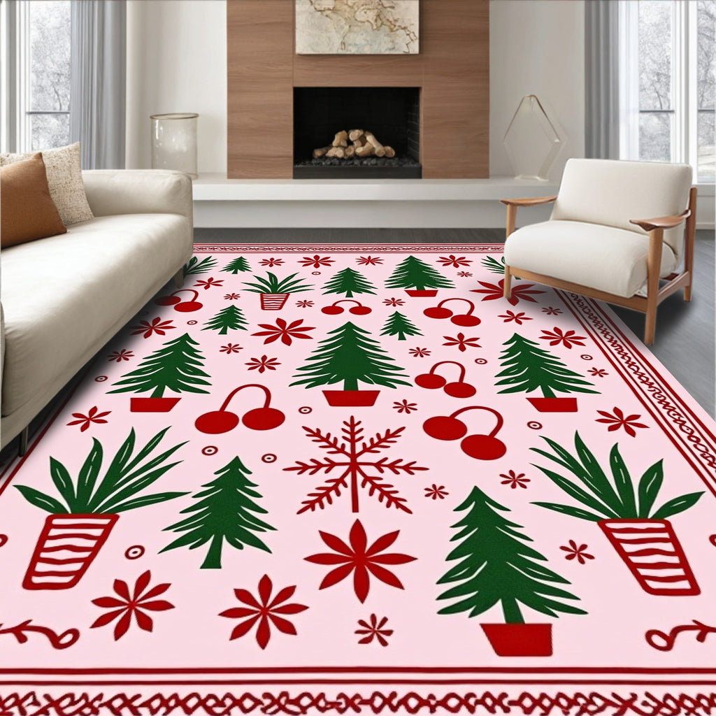 Pink Red Green Christmas Tree Foliage Rug