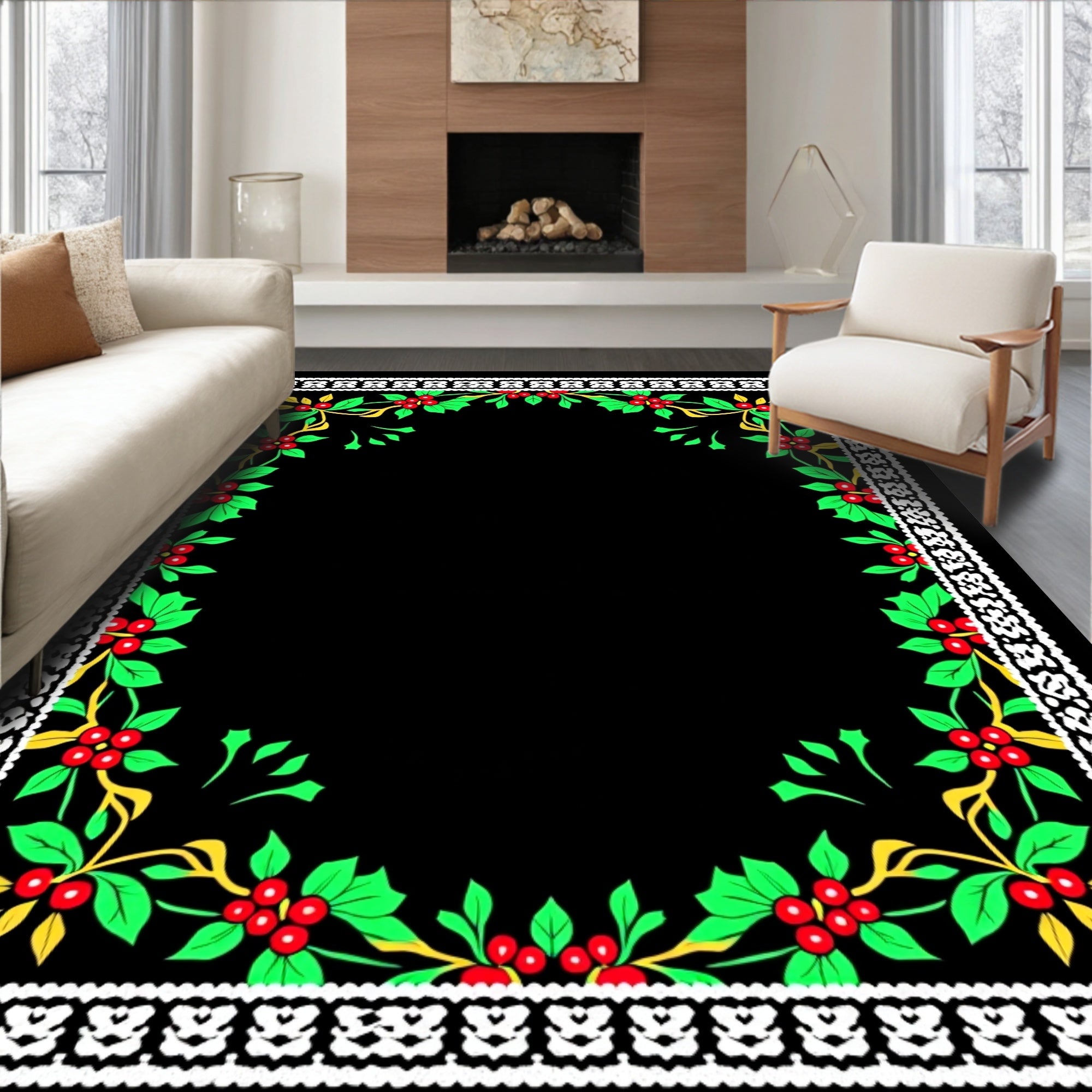 White Bordered Red Berry Holly Vines Rug