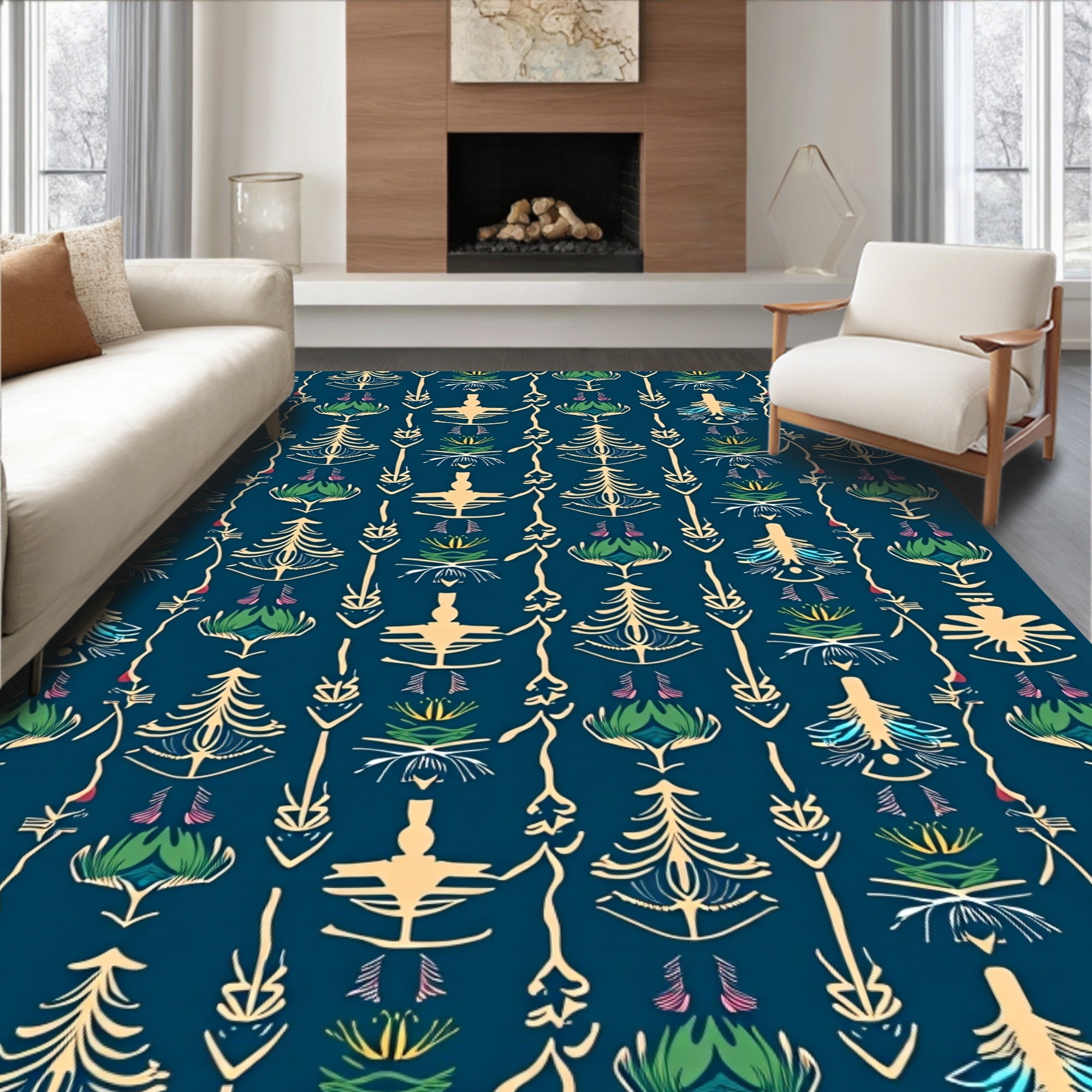 Deep Blue Botanical Figurine Rug